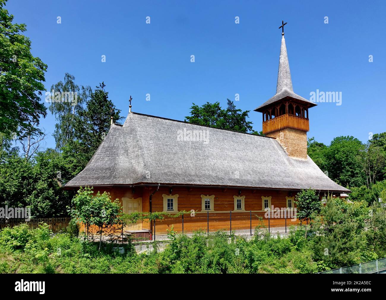 Munich, Fasanengarten, Romanian Orthodox Church, wooden construction with carvings Stock Photo