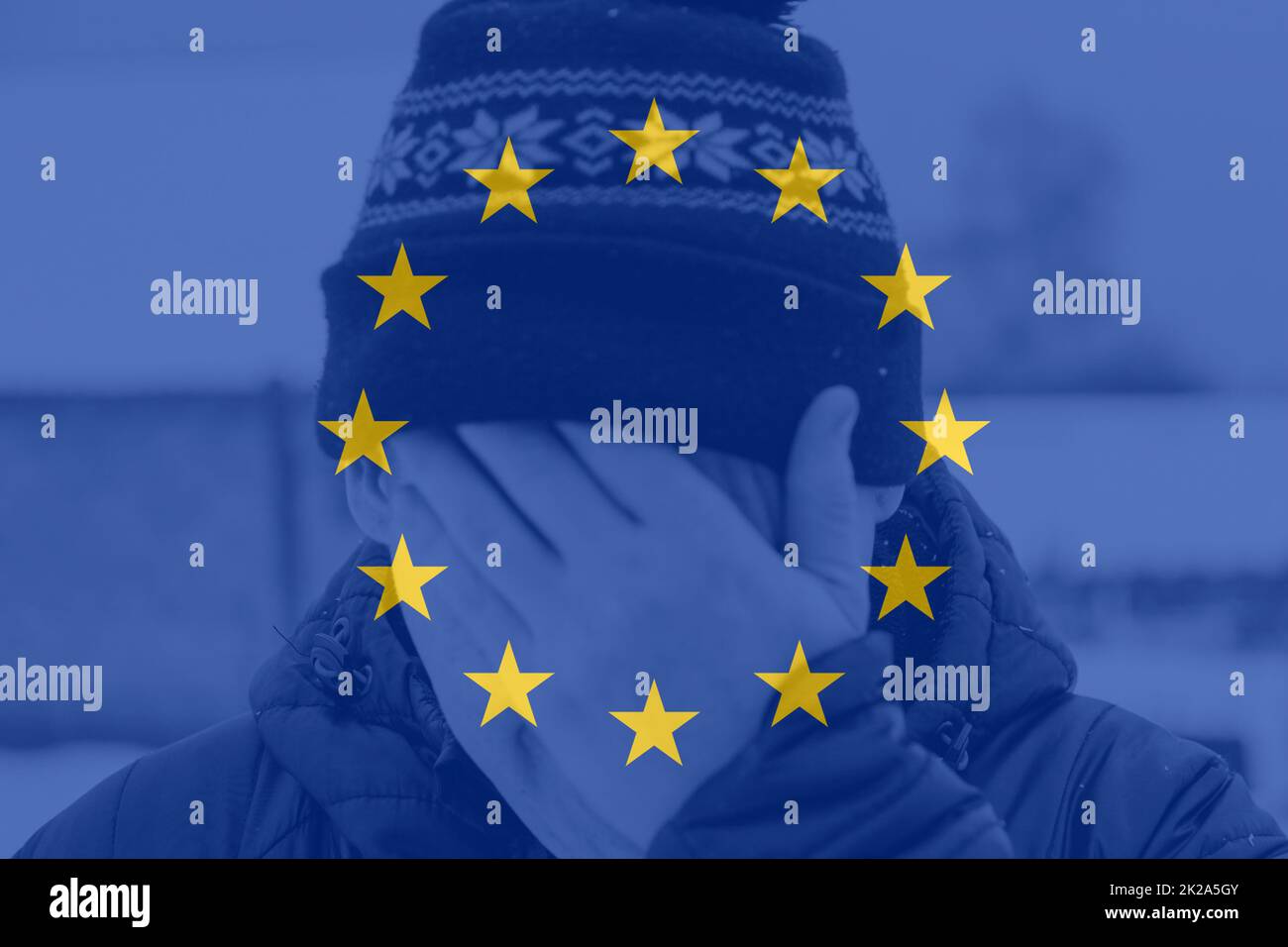 Defocus man hiding face. Flag European Union. Increase in the cost of gas bill. Soaring energy prices. Increase in the price of natural gas. Economy g Stock Photo