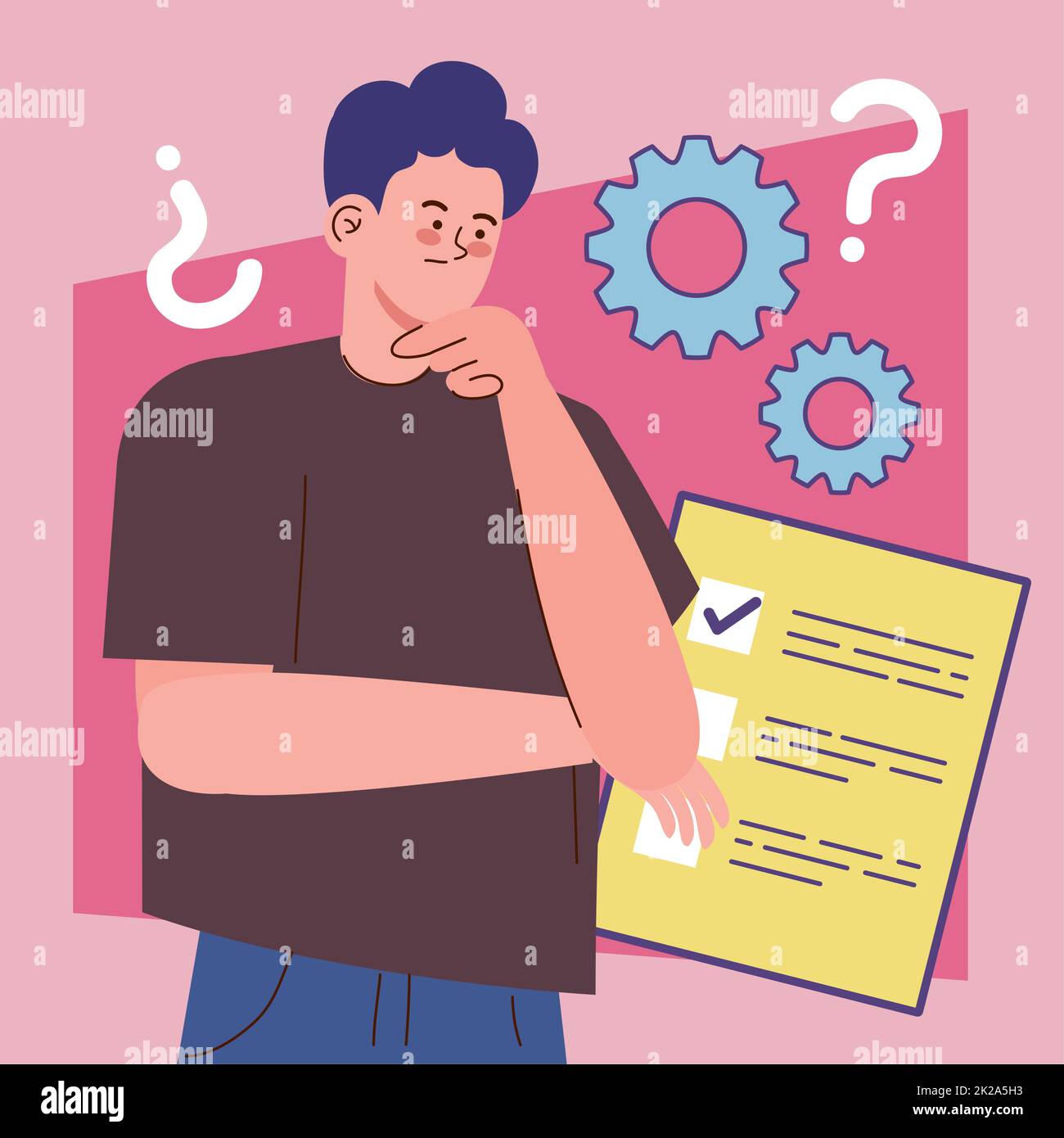 man and question marks with gears Stock Vector
