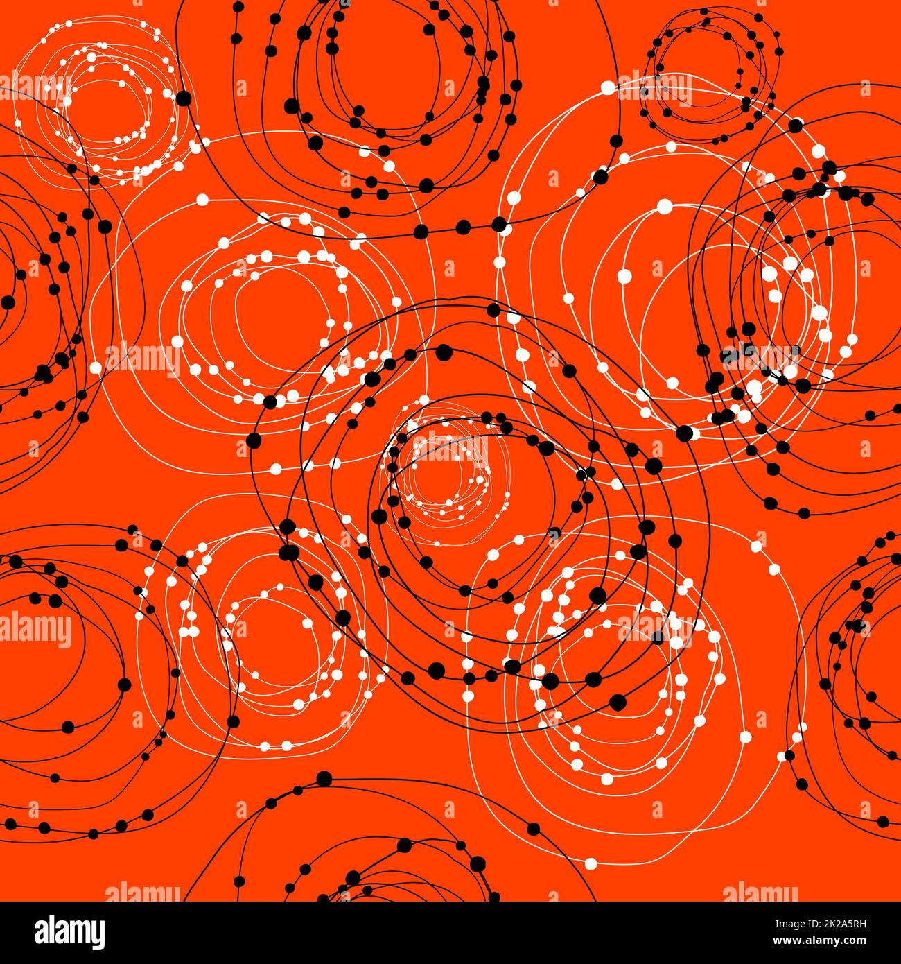 Doodle black and white concentric circles with dots seamless pattern over red background Stock Photo