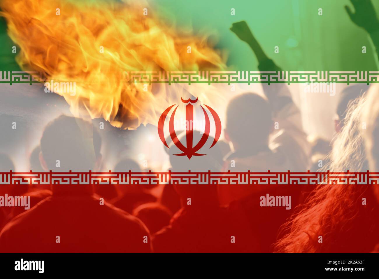 Defocus protest in Iran. Conflict war over border. Fire, flame. Country flag. Out of focus. Stock Photo