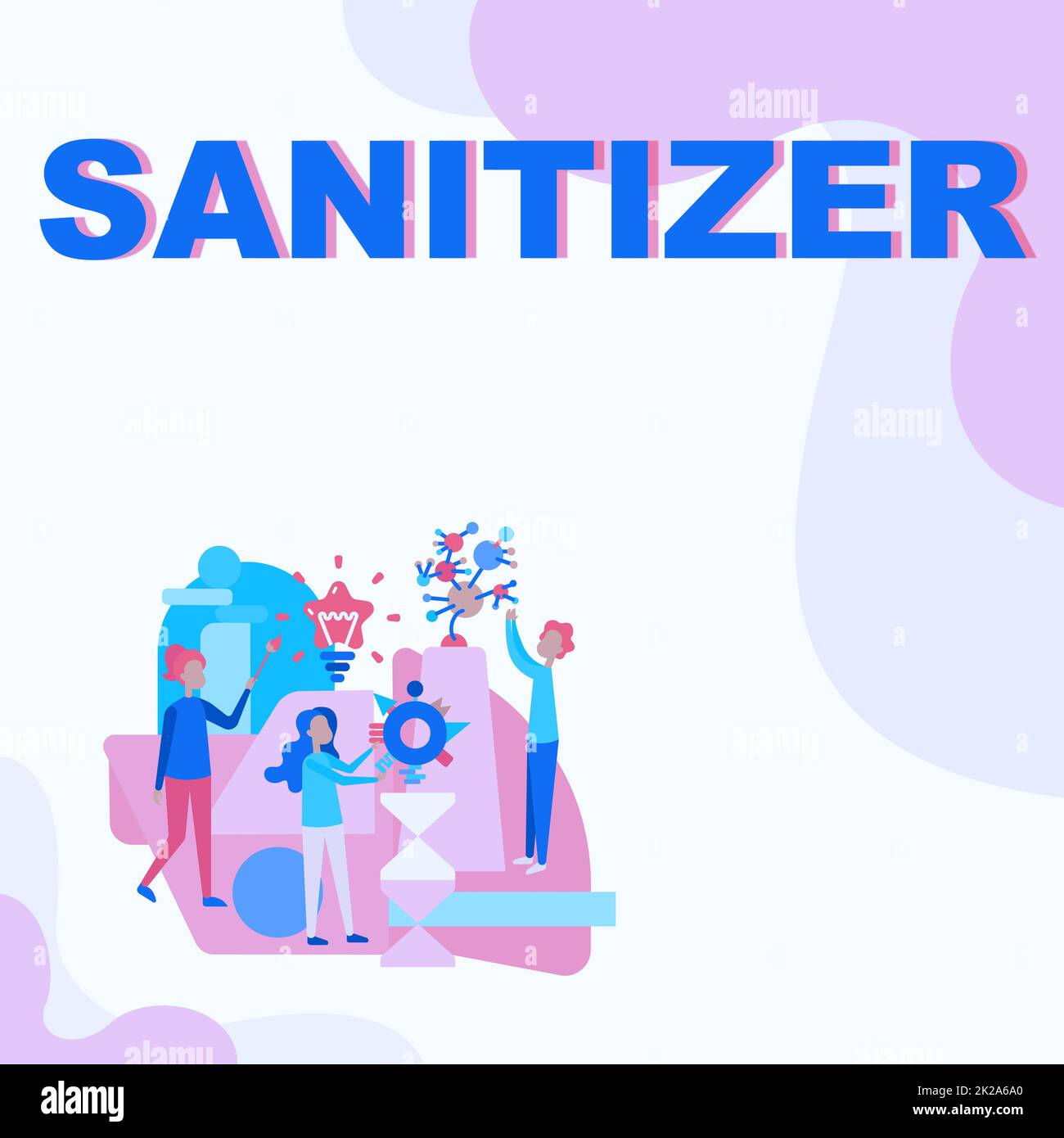 Conceptual caption Sanitizer. Business concept liquid or gel generally used to decrease infectious agents Three Collagues Illustration Practicing Hand Crafts Together. Stock Photo