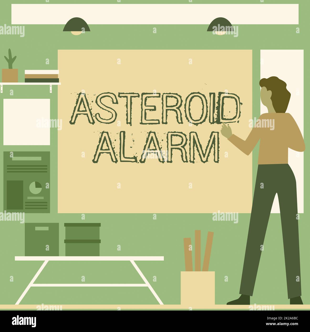 Conceptual display Asteroid Alarm. Business approach warning to prepare the cities in a space rock s is flight path Businesswoman Casual Standing Presenting Charts And New Wonderful Ideas. Stock Photo
