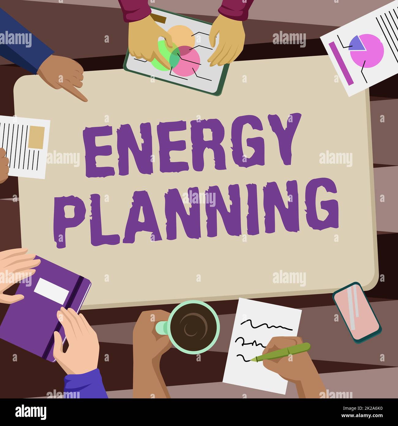 Text sign showing Energy Planning. Business idea making of a strategy and plan for the consumption of energy Colleagues Office Meeting Having Coffee Discussing Future Projects Charts. Stock Photo