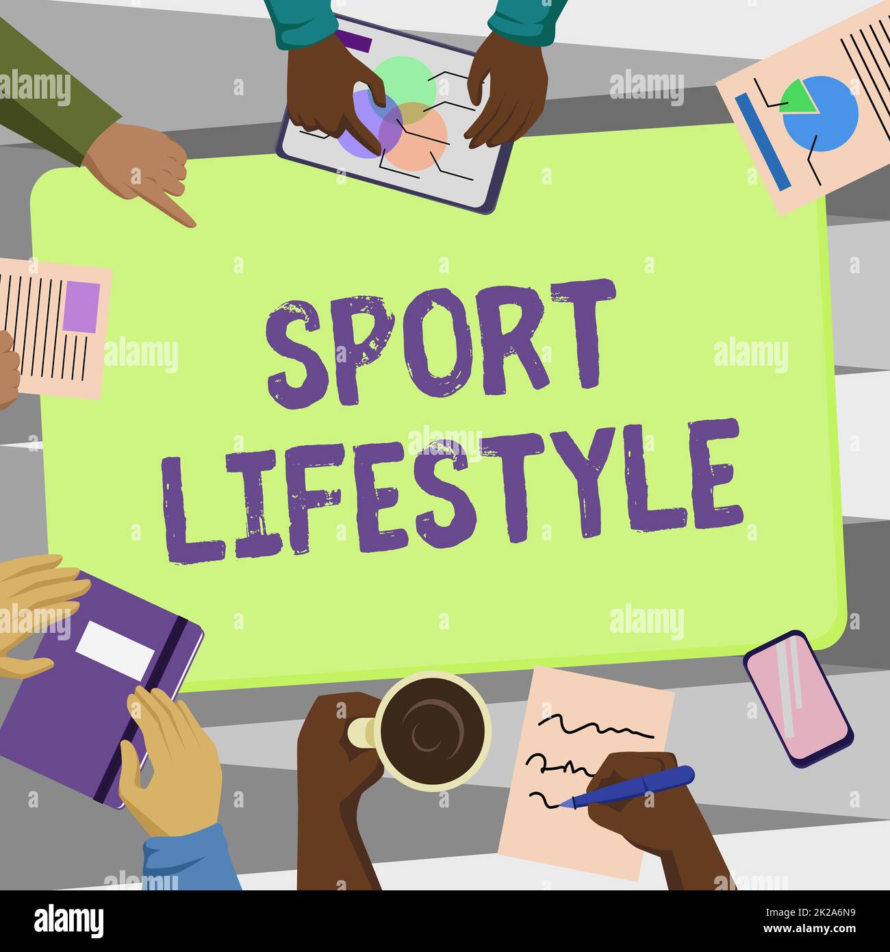 Text sign showing Sport Lifestyle. Business concept Fond of sport or outdoor activities Physically active Colleagues Office Meeting Having Coffee Discussing Future Projects Charts. Stock Photo