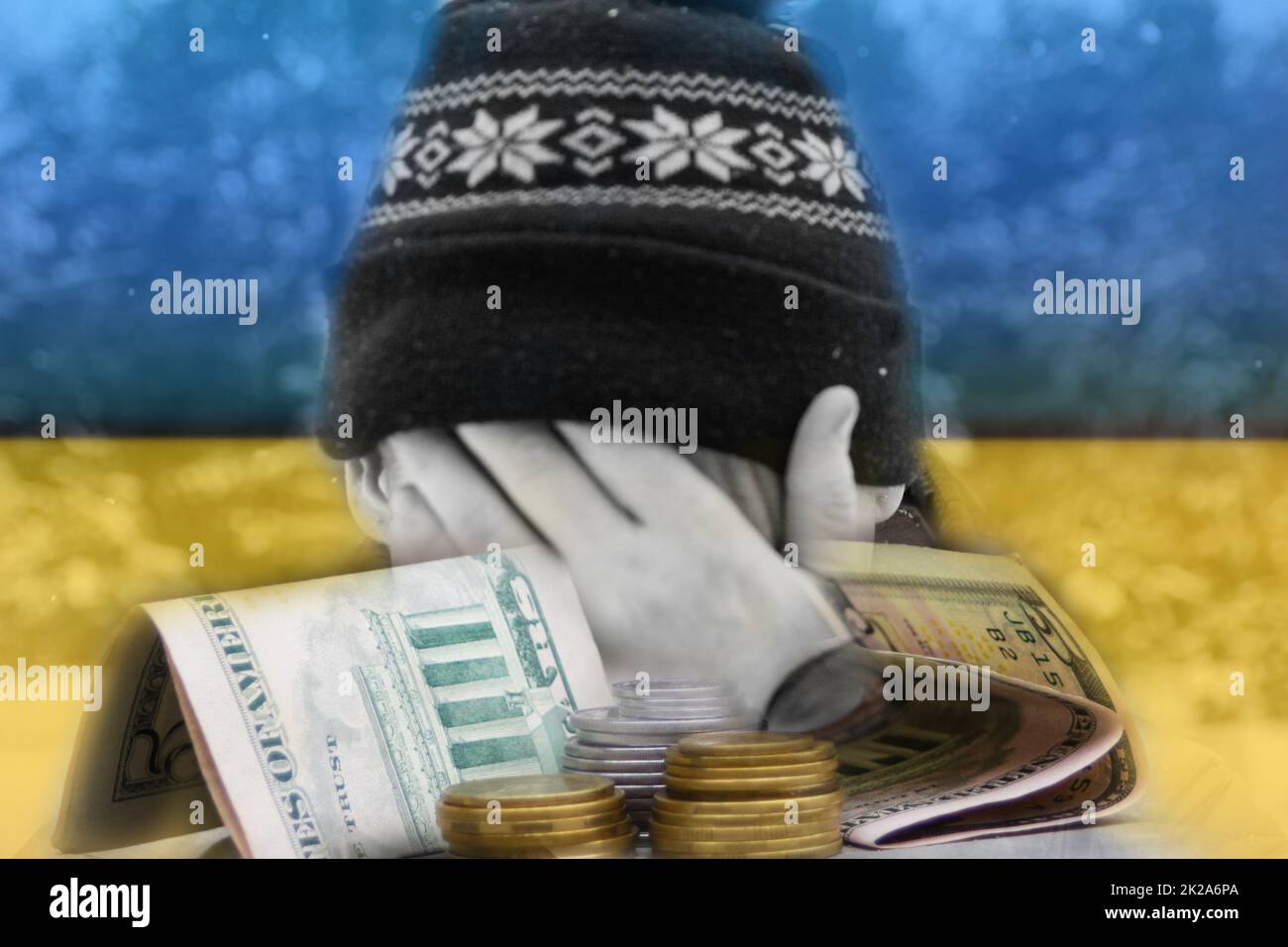 Defocus man hiding face. Increase in the cost of gas bill. Ukraine flag. Soaring energy prices. Poverty. Economy problem. Energy crisis in Europe. Ame Stock Photo