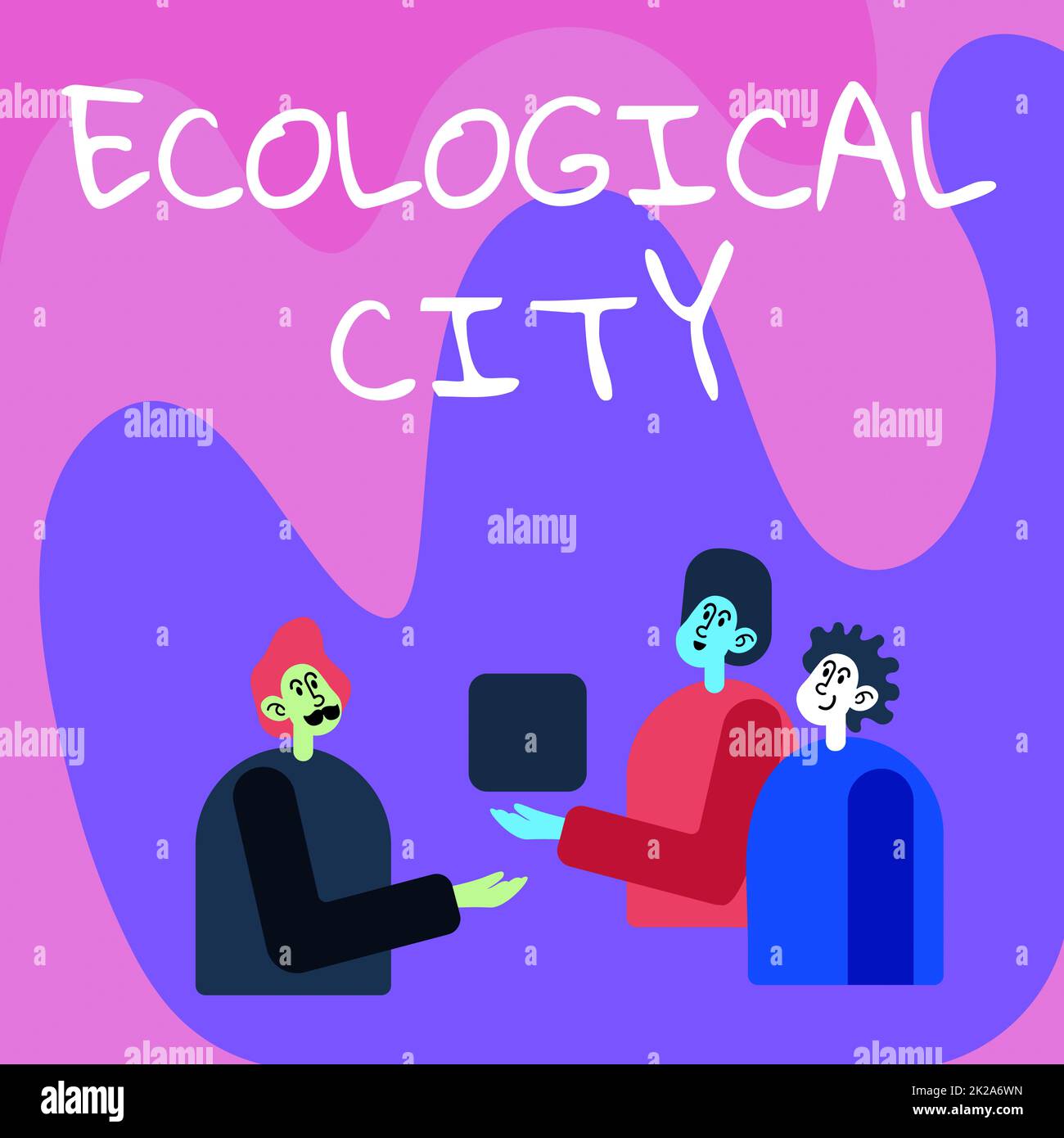 Conceptual caption Ecological City. Internet Concept human settlement modeled on the selfsustaining structure Colleagues Displaying Cube Representing Teamwork Discussing Future Project. Stock Photo