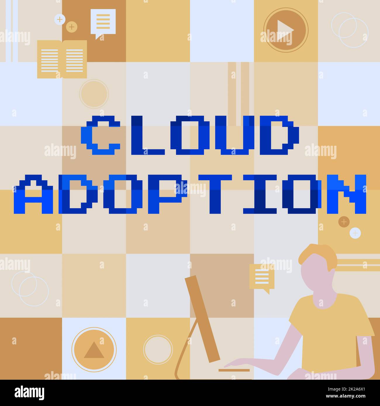 Text showing inspiration Cloud Adoption. Internet Concept strategic move by organisations of reducing cost and risk Businessman Innovative Thinking Leading Ideas Towards Stable Future. Stock Photo
