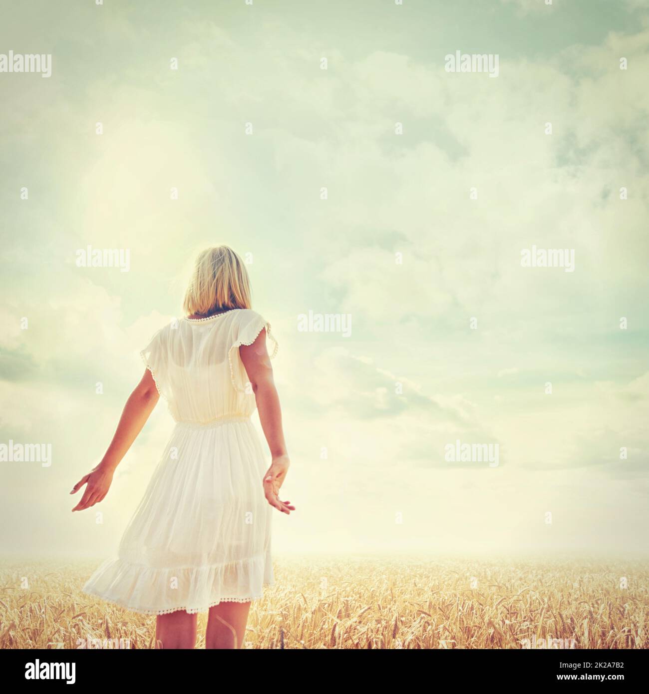 Feeling free and filled with wellbeing. Rear view shot of a carefree woman in a field. Stock Photo