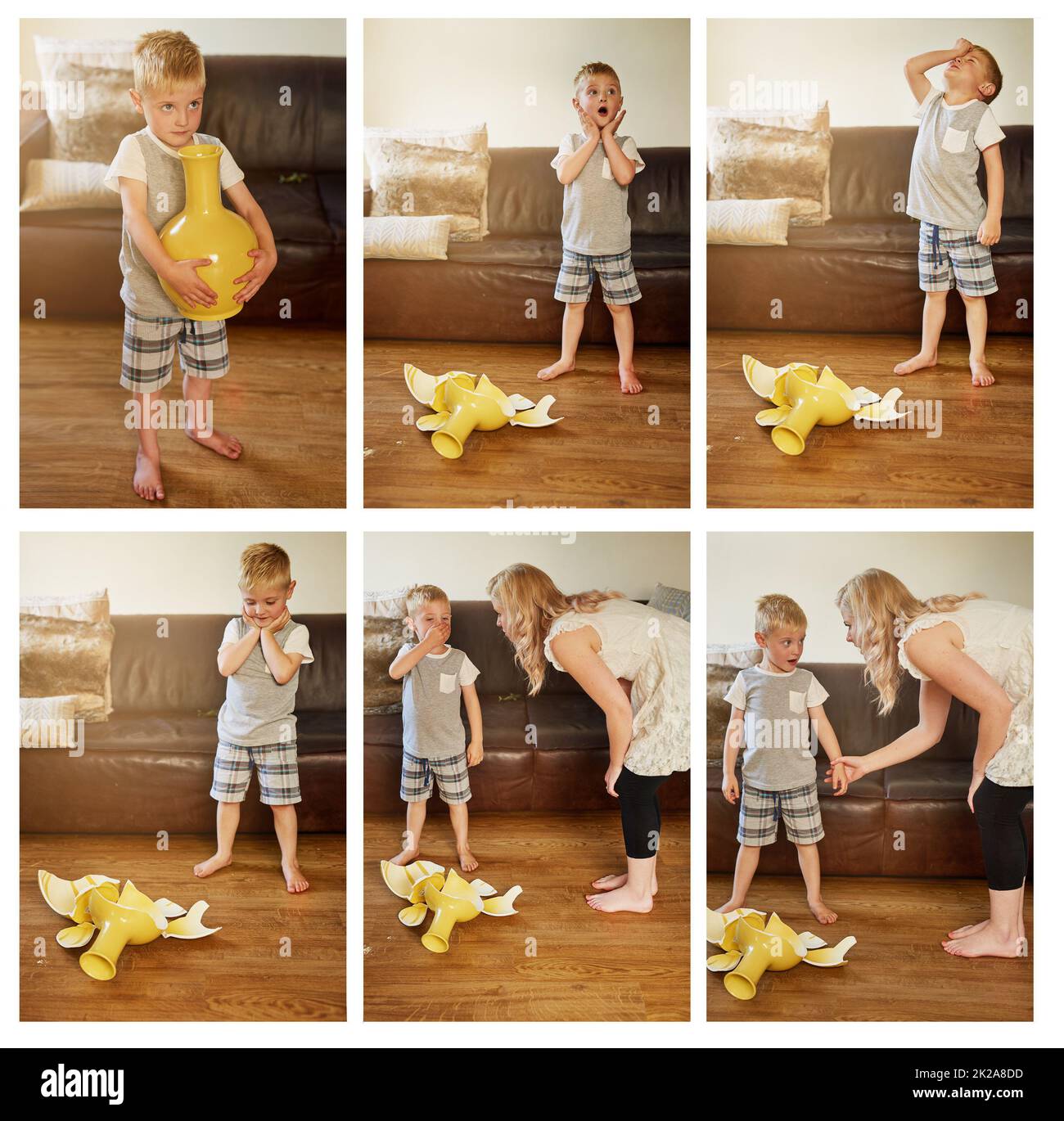 It was an accident.... Composite shot of a mother scolding her little son for breaking a vase at home. Stock Photo