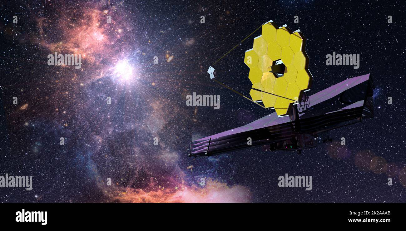 James Webb Space Telescope traveling and exploring deep space against galaxy background. 3D Illustration Stock Photo