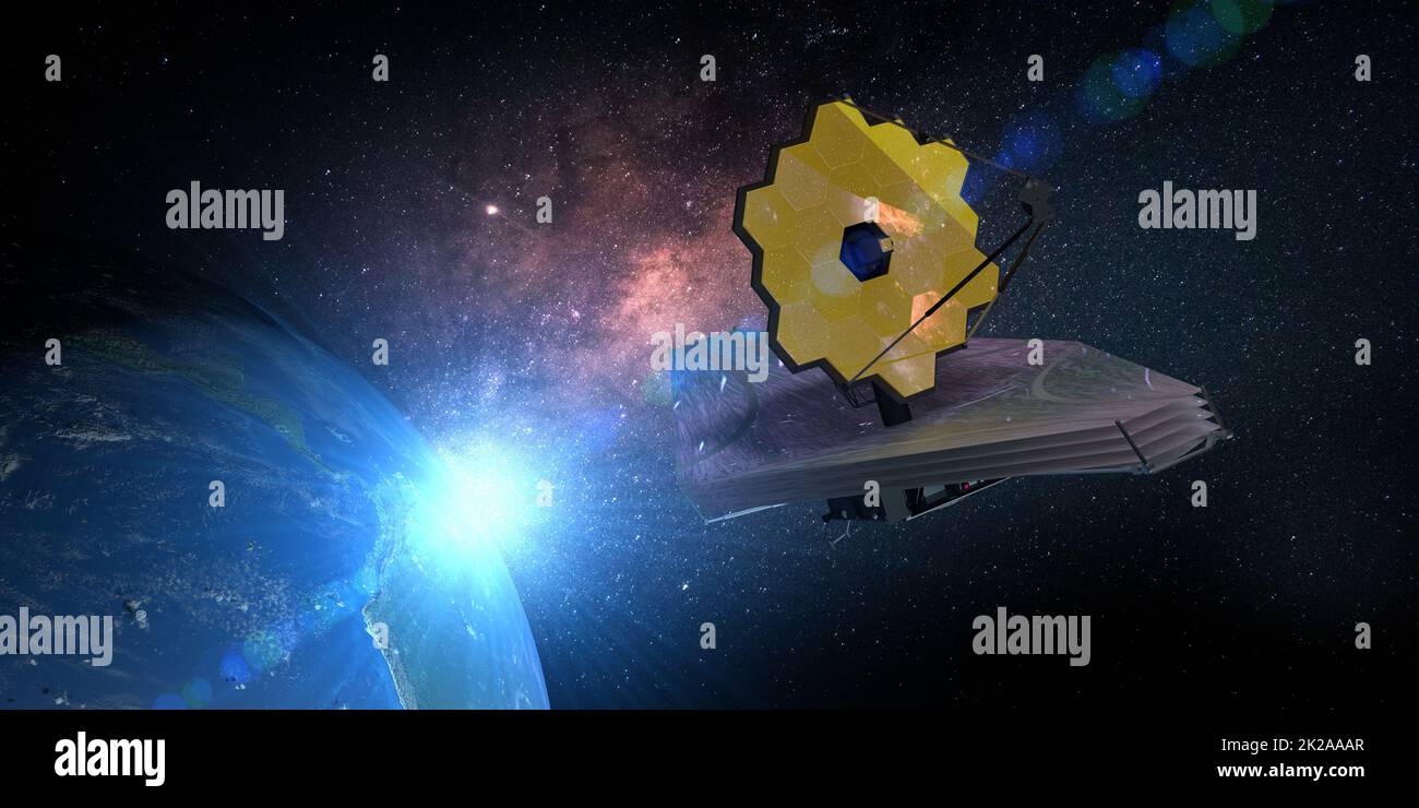 James Webb Space Telescope traveling near planet earth and exploring deep space against galaxy background. 3D Illustration Stock Photo