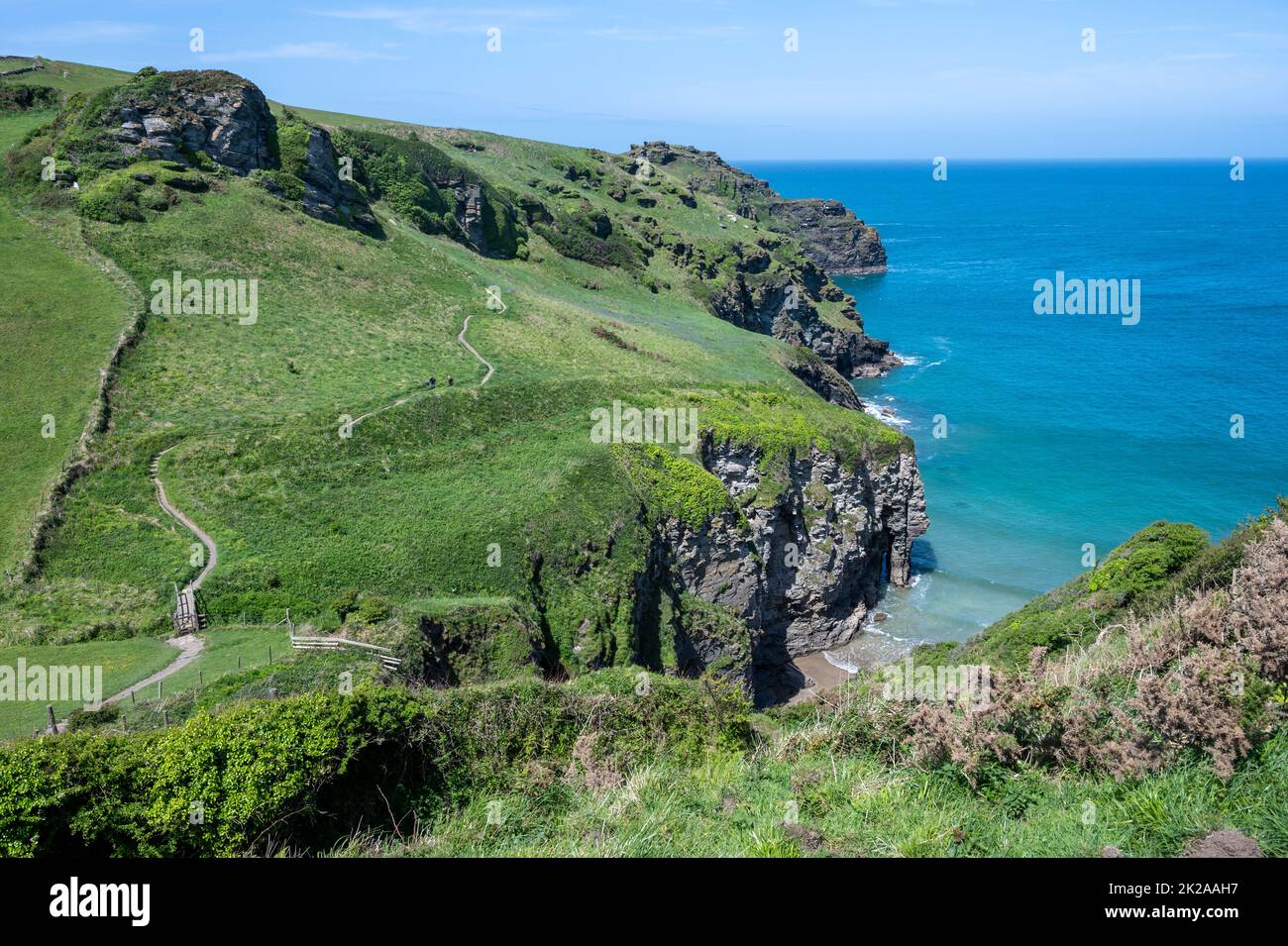 Bossiney Cove beach in spring, early summer. From the South West Coast Path, Bossiney, near Tintagel, Cornwall UK. Stock Photo