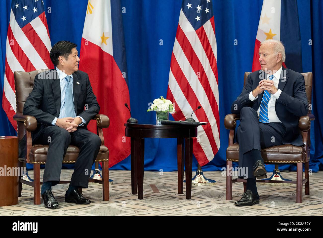 New York City, United States. 22nd Sep, 2022. U.S. President Joe Biden during a bilateral meeting with the new Philippines President Ferdinand Marcos, Jr., left, on the sidelines of the 77th Session of the U.N General Assembly, September 22, 2022, in New York City. Credit: Adam Schultz/White House Photo/Alamy Live News Stock Photo