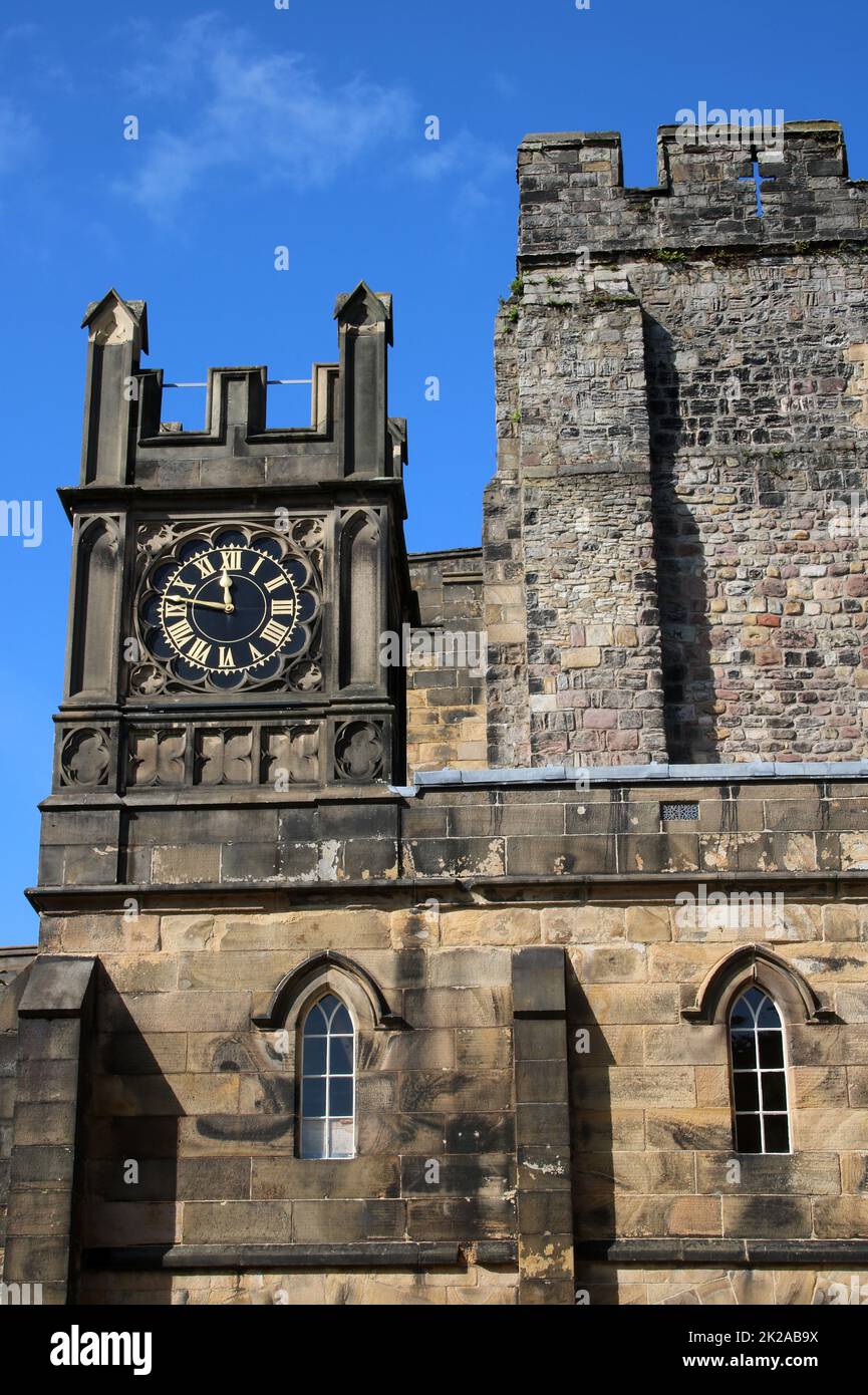 Clock tower inside Lancaster Castle with details of stonework, Lancaster Castle, Lancaster, Lancashire, England. Stock Photo
