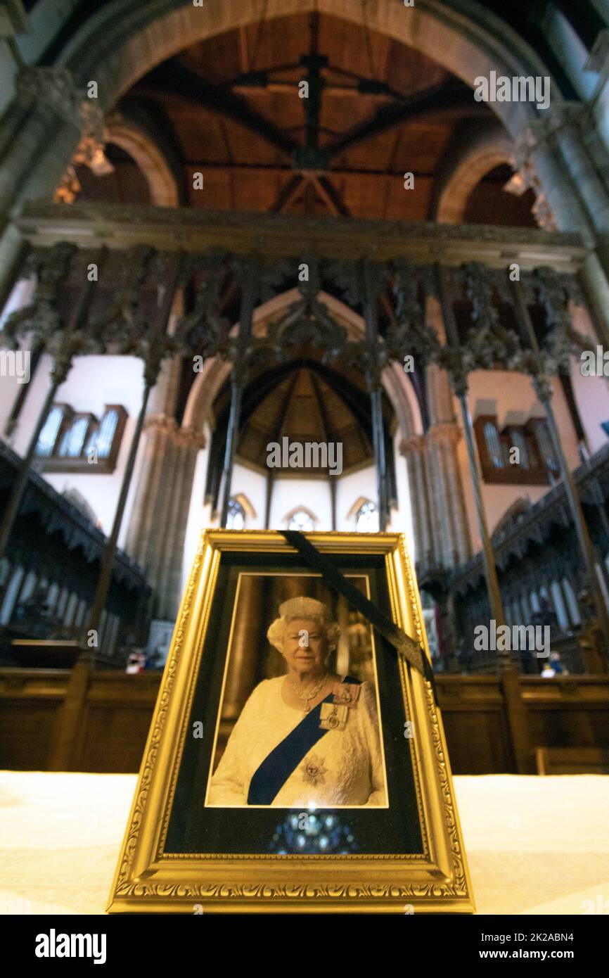 A mourning picture of Queen Elizabeth shortly after her death, Inverness Cathedral - the Cathedral Church of Saint Andrew, Inverness Scotland UK Stock Photo