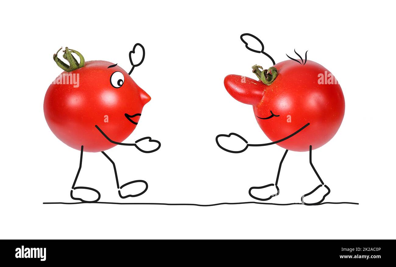 Crooked tomatoes as a cartoon character Stock Photo