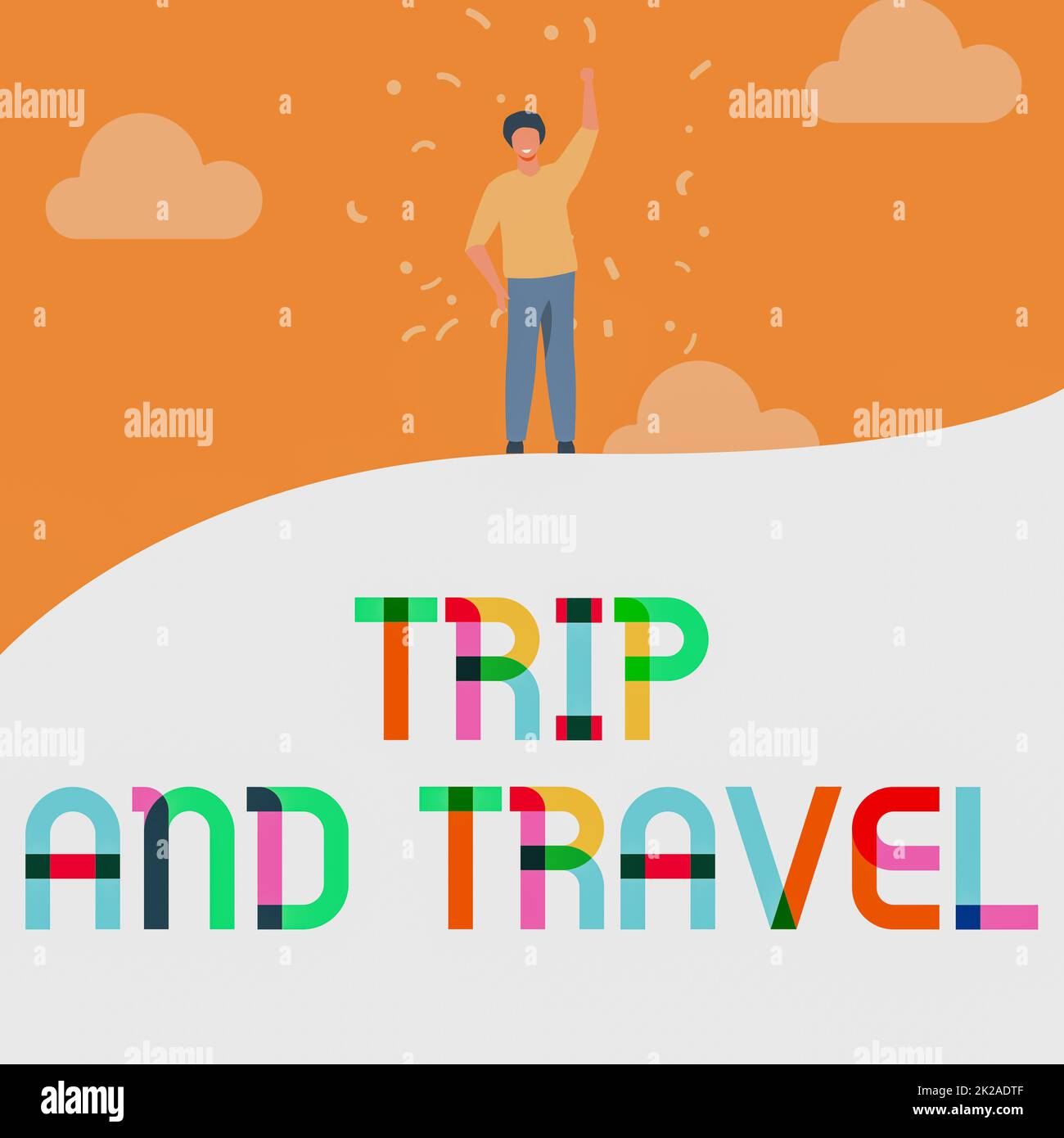 Conceptual display Trip And Travel. Word for famous landmarks and tourist destinations planning Man Drawing Raising Hand Sky Standing Hill Showing Success. Stock Photo