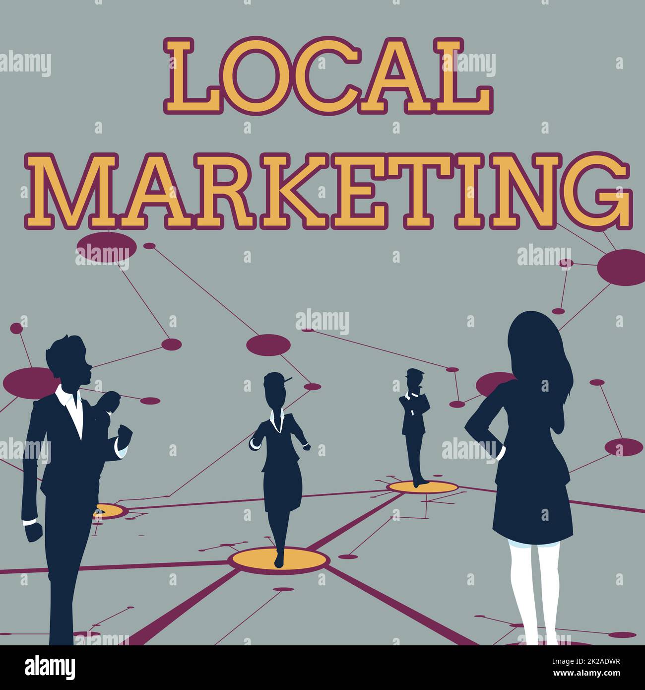 Conceptual caption Local Marketing. Concept meaning targeting audience located in a finelygrained community Several Team Members Standing Separate Thinking Connected Lines On Floor. Stock Photo