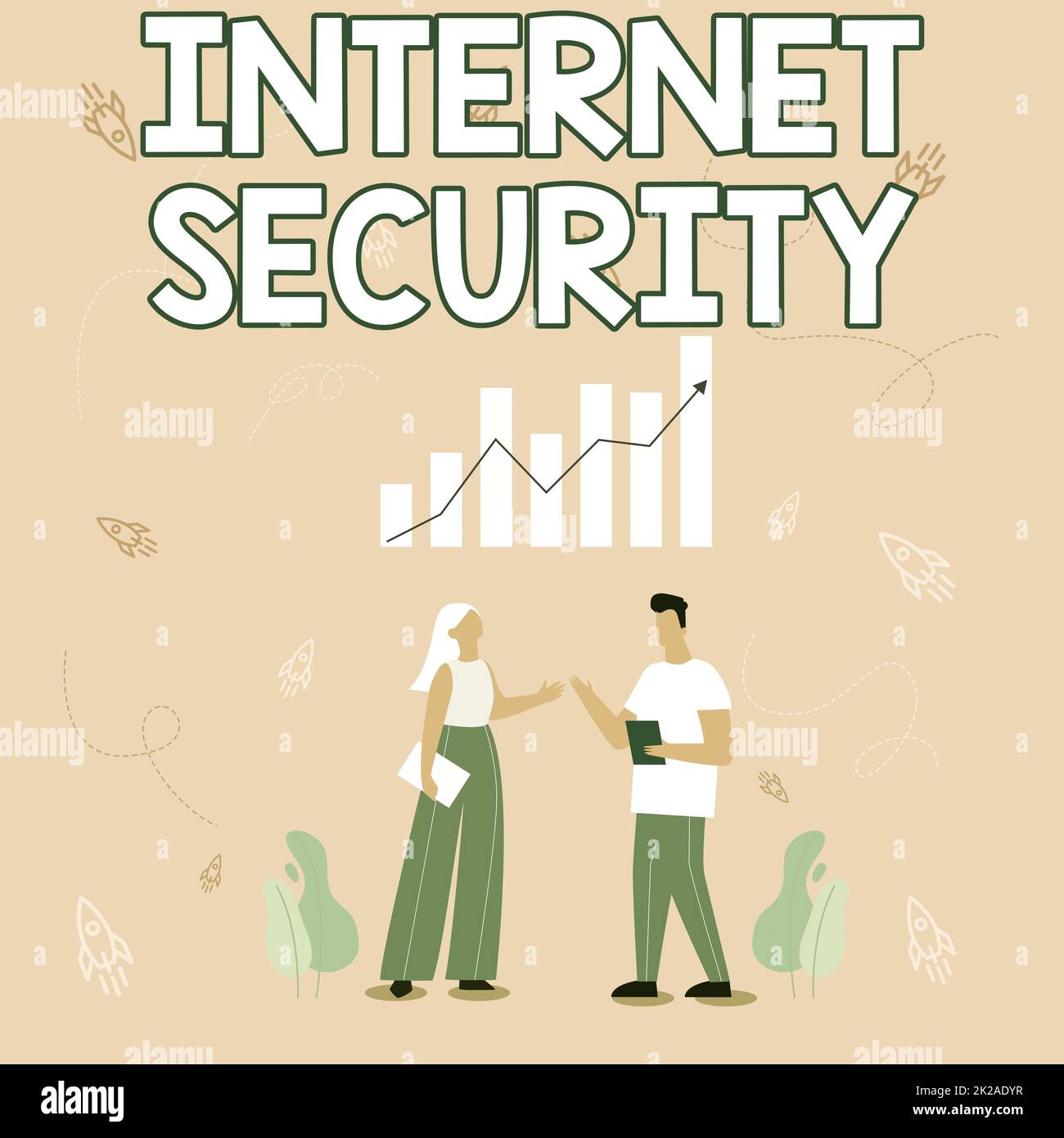 Hand writing sign Internet Security. Business approach process to protect against attacks over the Internet Illustration Of Partners Sharing Wonderful Ideas For Skill Improvement. Stock Photo