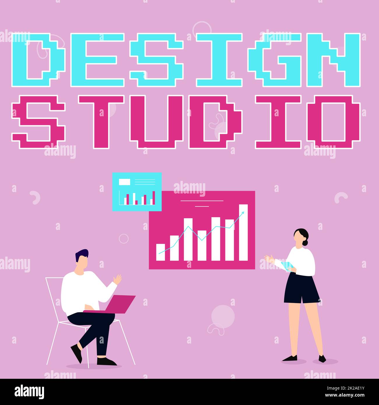 Conceptual display Design Studio. Business approach work environment specifically for designers and artisans Man Using Laptop And Girl Standing Sharing Ideas For Improvement. Stock Photo