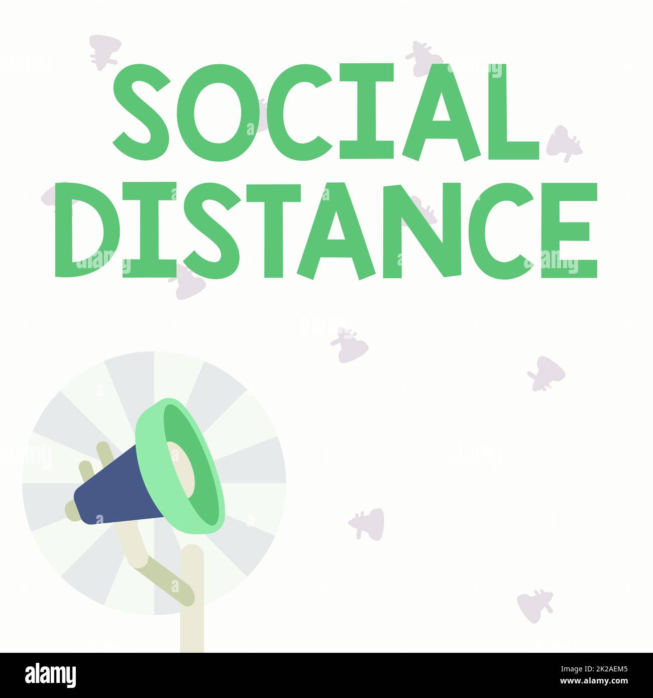 Text caption presenting Social Distance. Business approach maintaining a high interval physical distance for public health safety Illustration Of Pole Megaphone With Sun Raises Making Announcements. Stock Photo