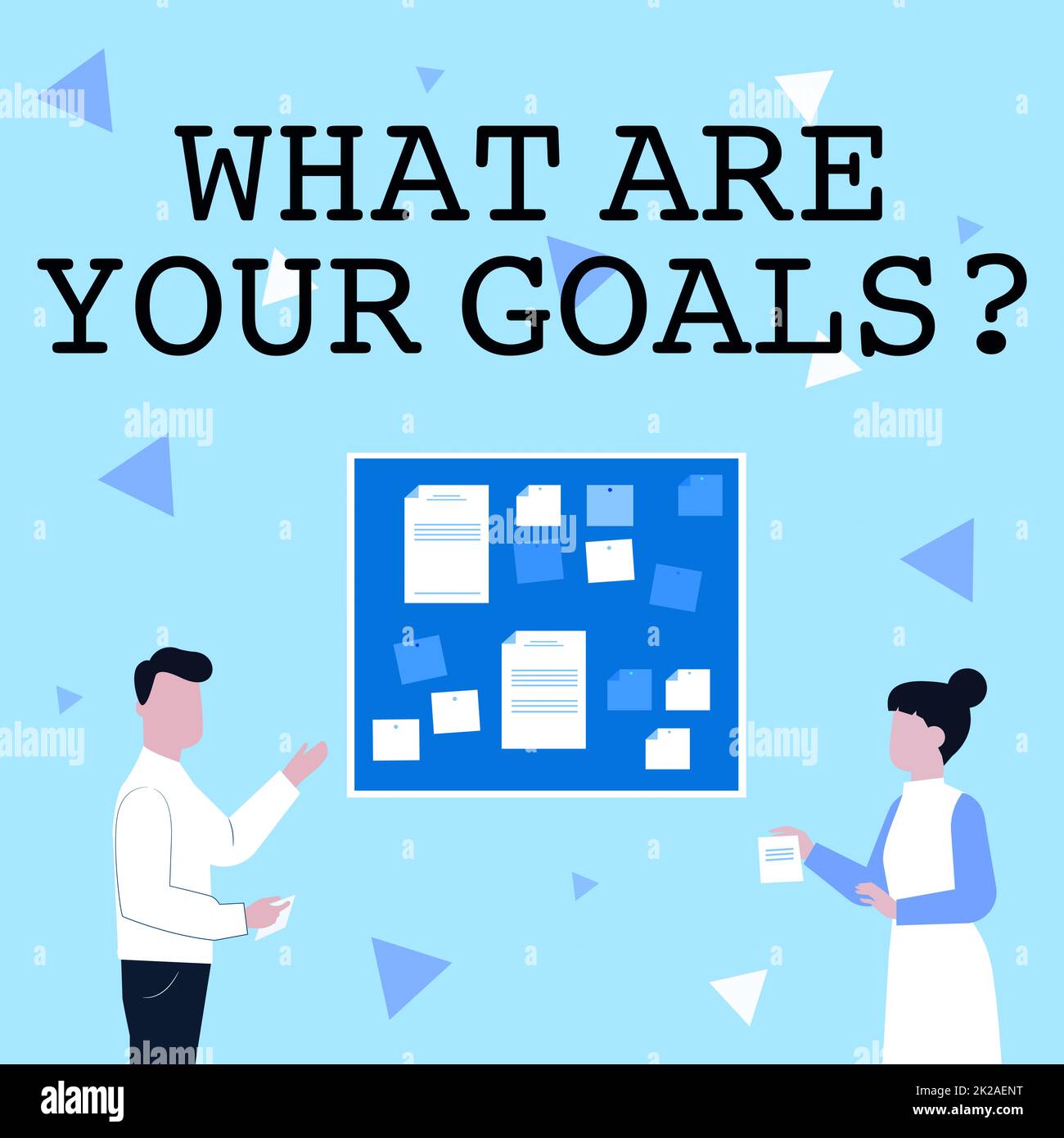 Hand writing sign What Are Your Goals Question. Internet Concept business plans for the future Vision Mission Illustration Of Couple Presenting Ideas Holding Notes Sticking On Boards. Stock Photo