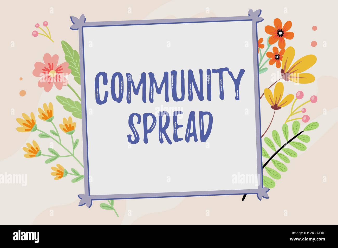 Handwriting text Community Spread. Word for dissemination of a highlycontagious disease within the local area Text Frame Surrounded With Assorted Flowers Hearts And Leaves. Stock Photo