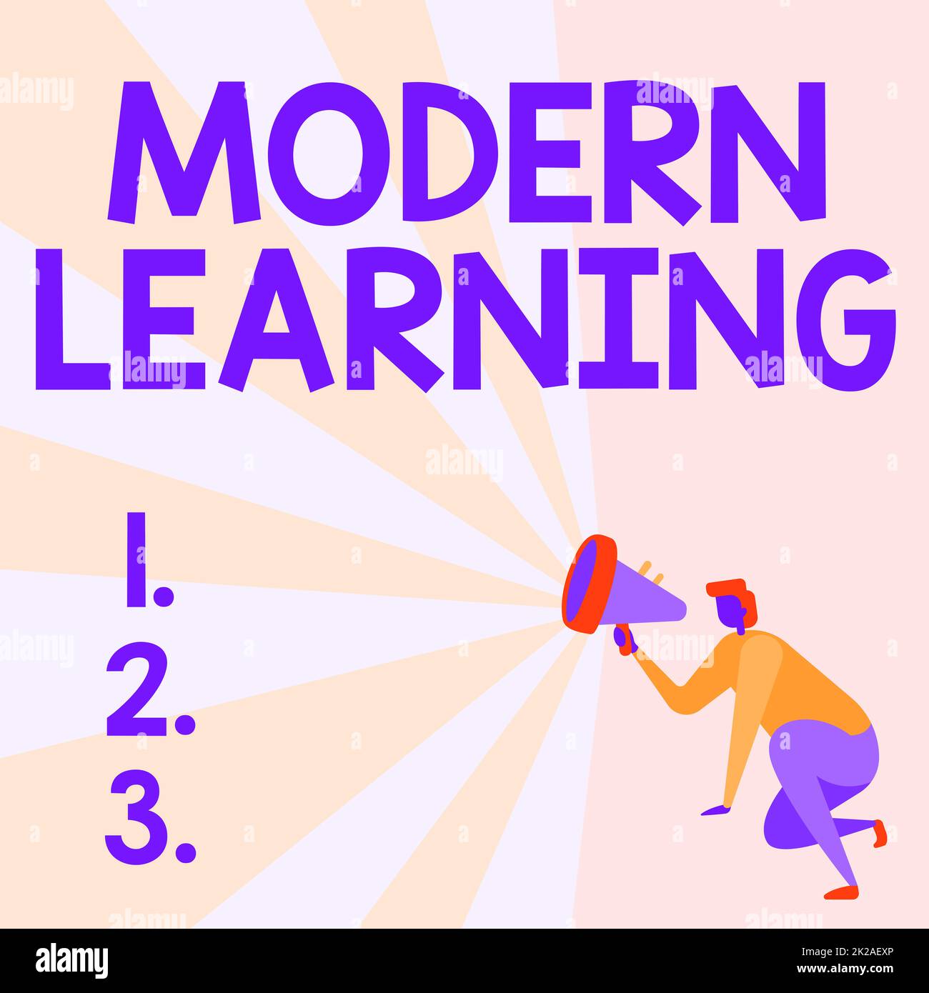 Text showing inspiration Modern Learning. Concept meaning flexible and agile setup Innovative learning environments Illustration Of A Person Kneeling Using Megaphone Making New Announcement. Stock Photo