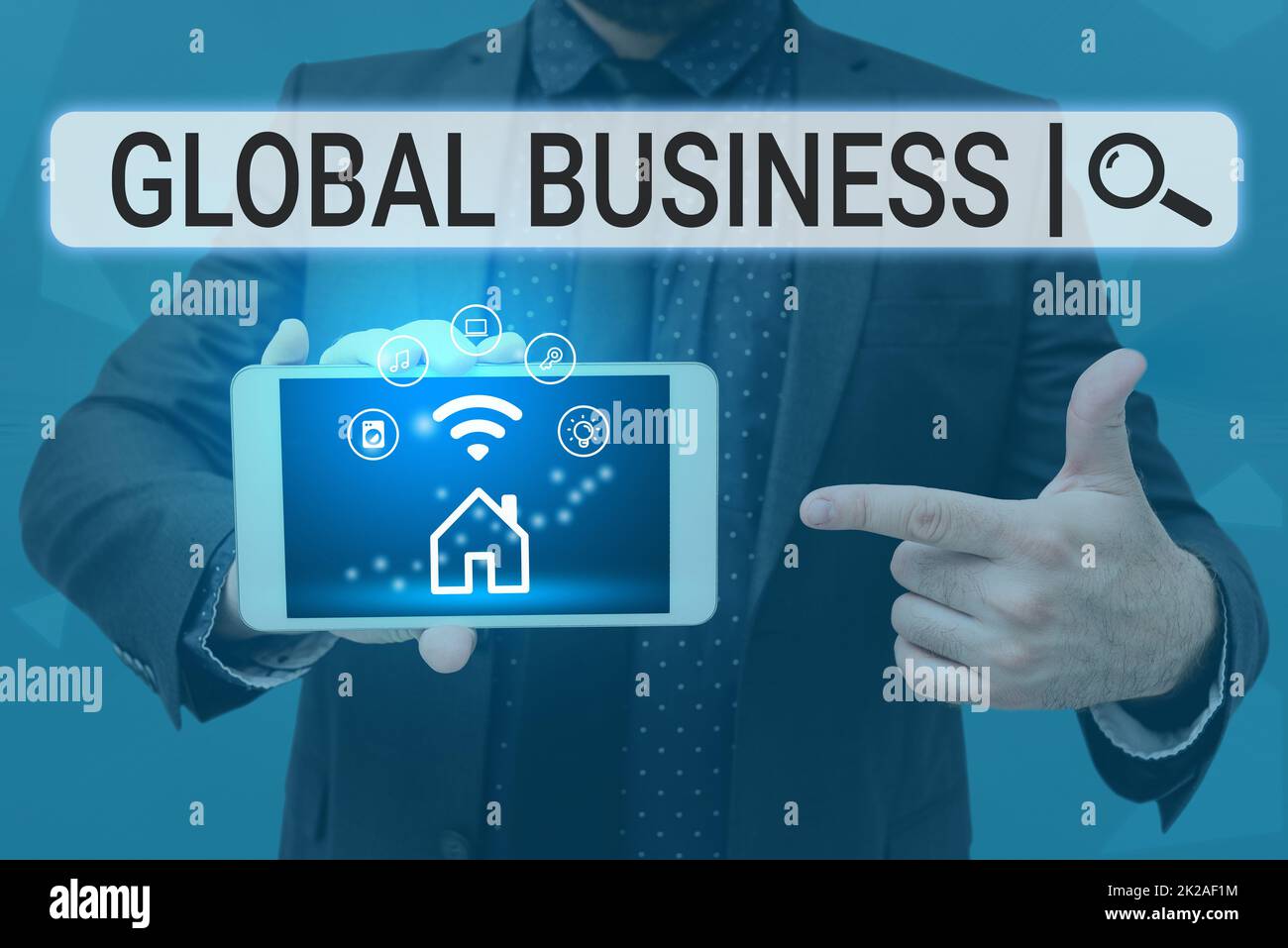 Writing displaying text Global Business. Word for Trade and business system a company doing across the world Man holding Screen Of Mobile Phone Showing The Futuristic Technology. Stock Photo