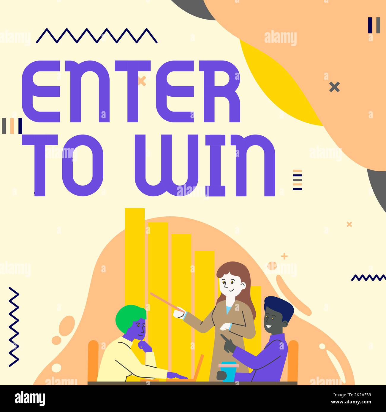 Sign displaying Enter To Win. Word Written on Sweepstakes Trying the luck to earn the big prize Lottery Lady Drawing Explaining To Her Teammate Process Steps. Stock Photo