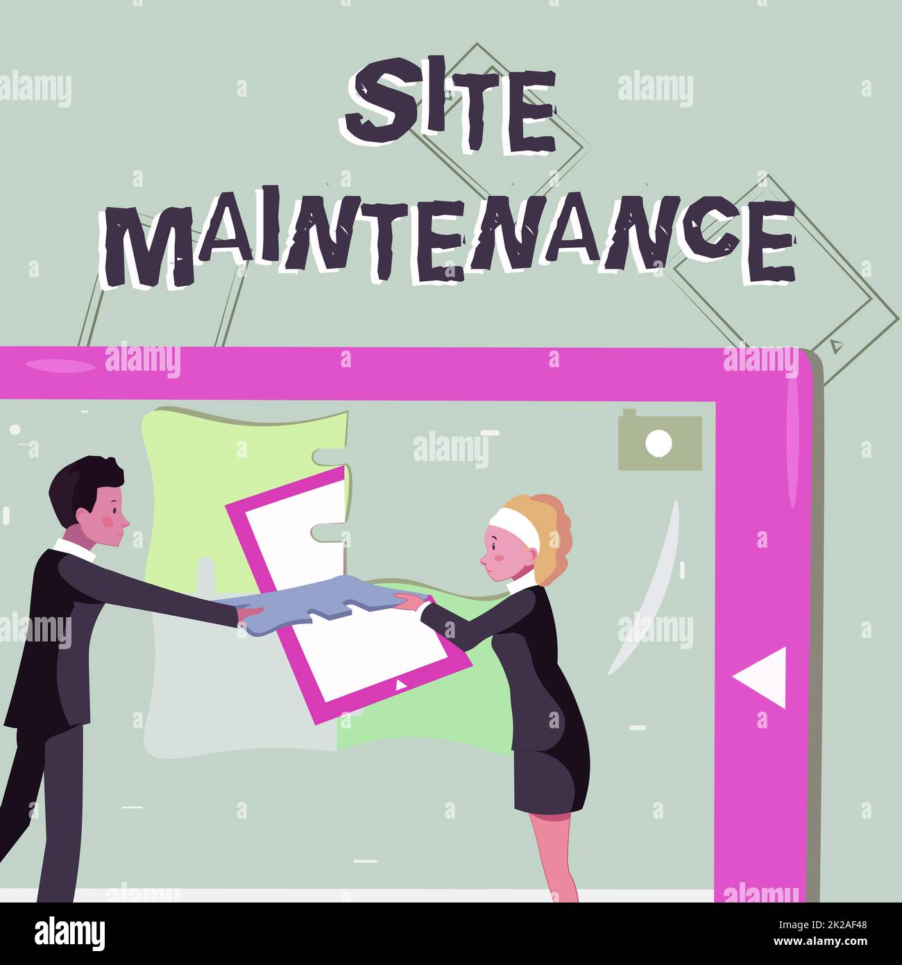 Writing displaying text Site Maintenance. Concept meaning keeping the website secure updated running and bugfree Colleagues Building New Project Plans Presenting Latest Ideas. Stock Photo