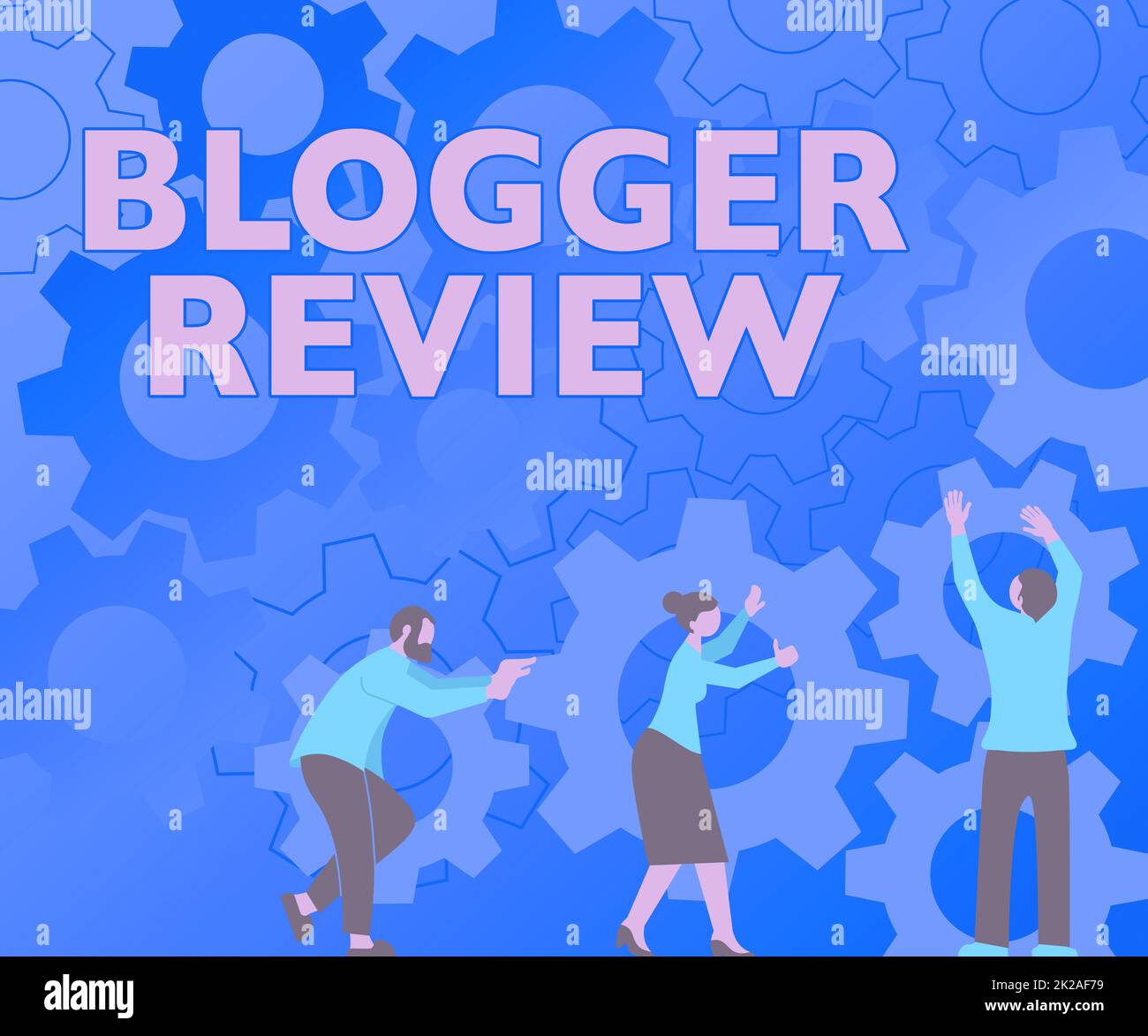 Inspiration showing sign Blogger Review. Business concept making a critical reconsideration and summary of a blog Colleagues Carrying Cogwheels Arranging New Workflow Achieving Teamwork. Stock Photo