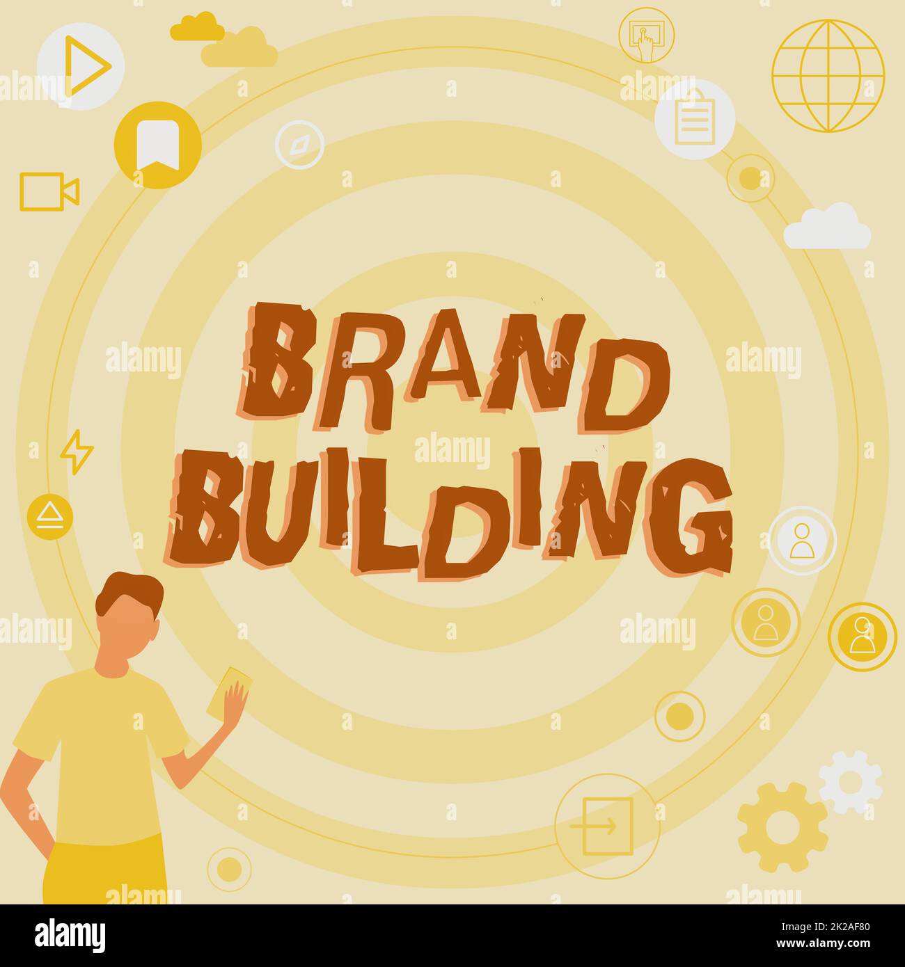 Text showing inspiration Brand Building. Business showcase Generating awareness Establishing and promoting company Businessman Innovative Thinking Leading Ideas Towards Stable Future. Stock Photo