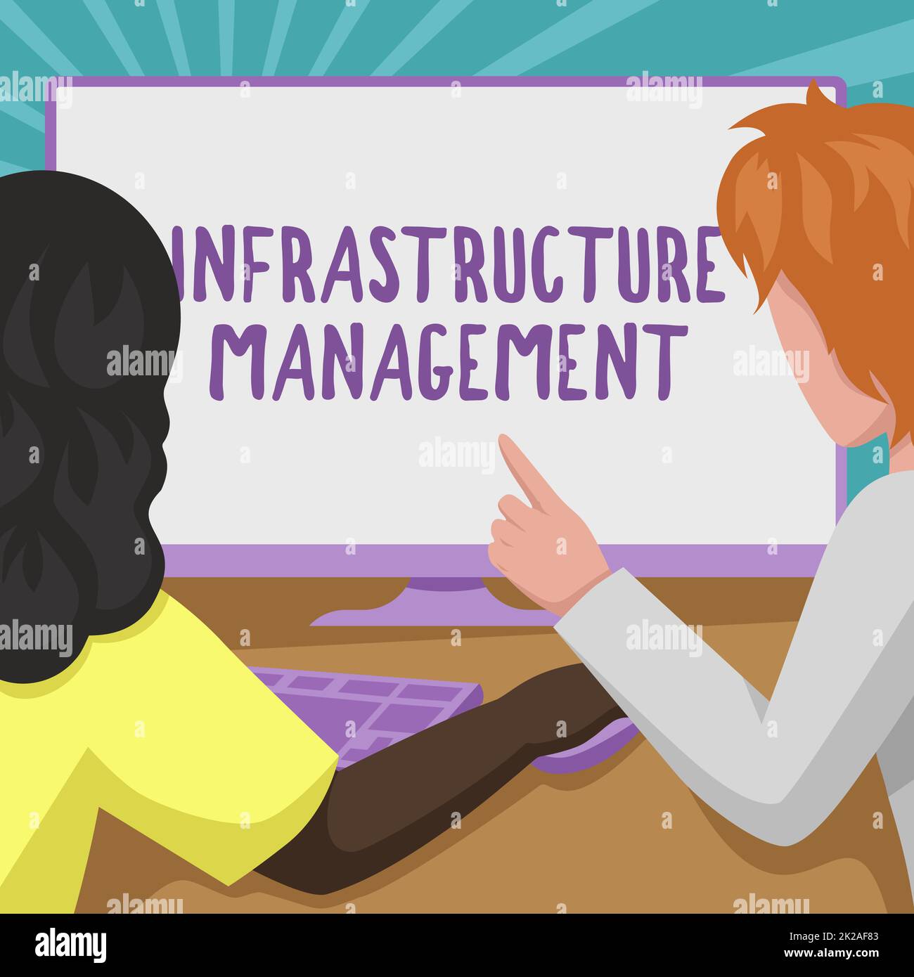 Inspiration showing sign Infrastructure Management. Business idea minimize downtime, maintain business productivity Couple Drawing Using Desktop Computer Accomplishing Their Work. Stock Photo