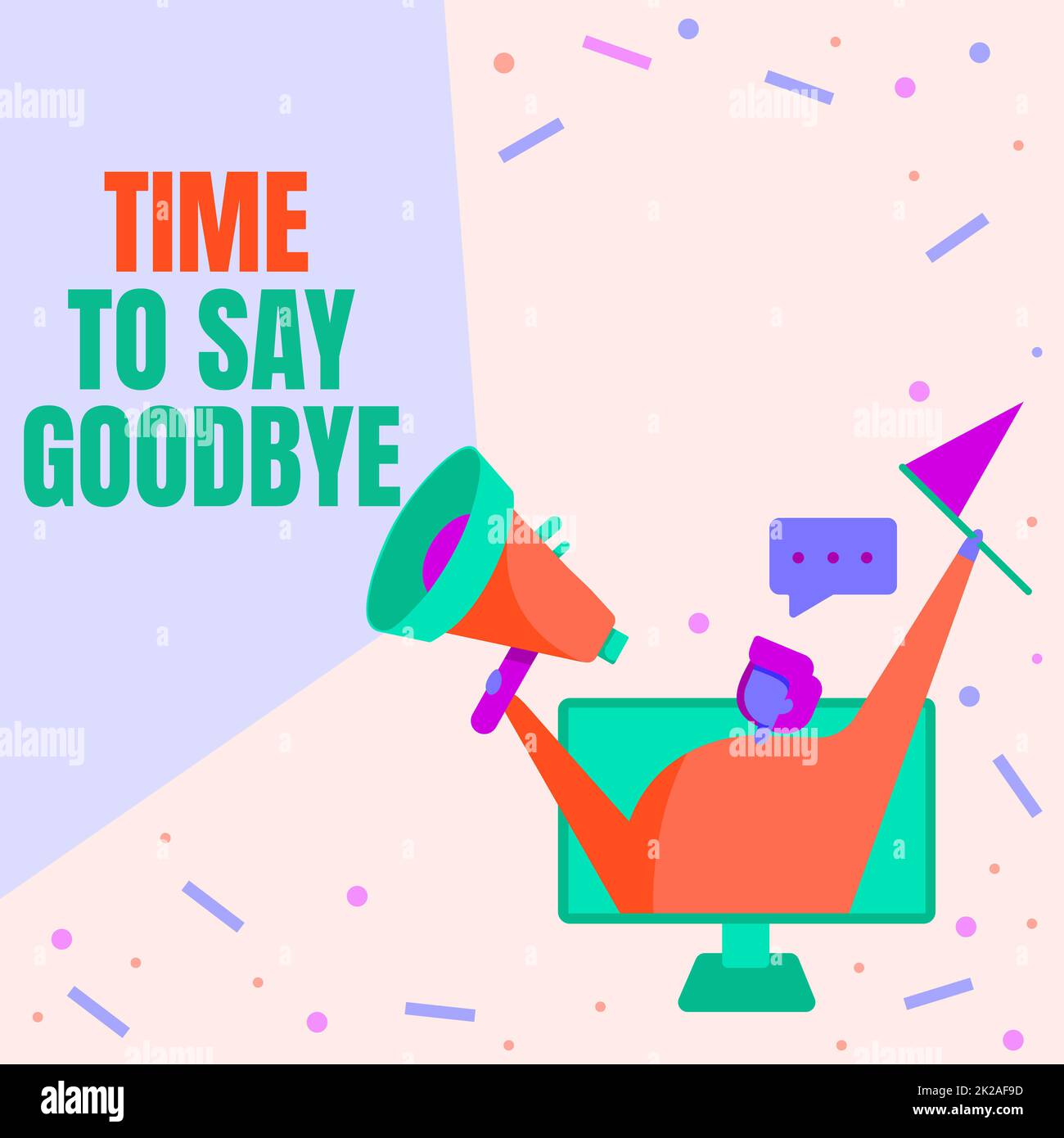 Handwriting text Time To Say Goodbye. Word Written on Bidding Farewell So Long See You Till we meet again Lady Inside A Monitor Screen Drawing Holding Megaphone And Flag. Stock Photo