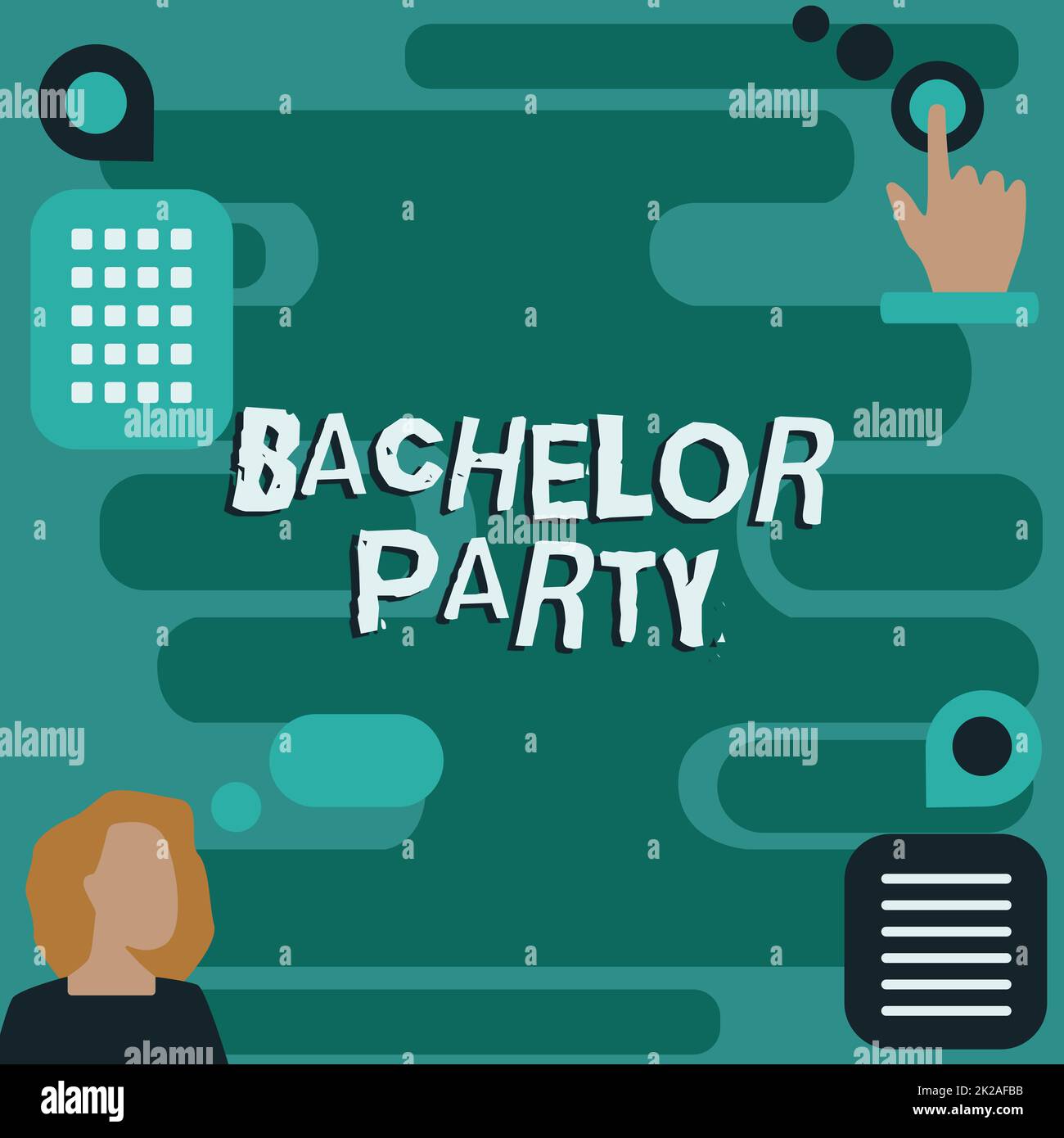 Text showing inspiration Bachelor Party. Concept meaning Party given for a man who is about to get married Stag night Woman Innovative Thinking Leading Ideas Towards Stable Future. Stock Photo
