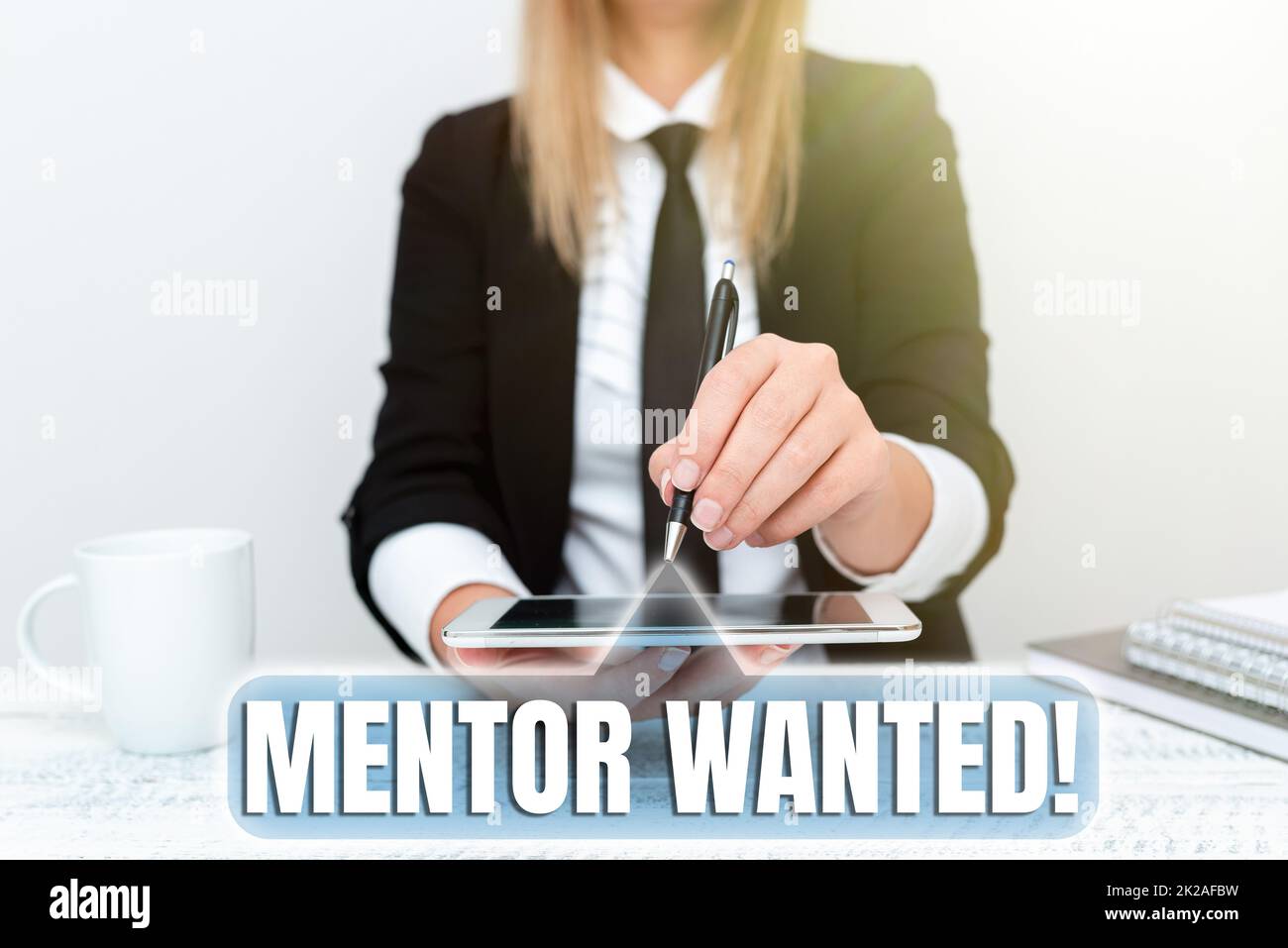 Hand writing sign Mentor Wanted. Word Written on finding someone who can guide oneself to attain success Presenting Corporate Business Data, Discussing Company Problems Stock Photo