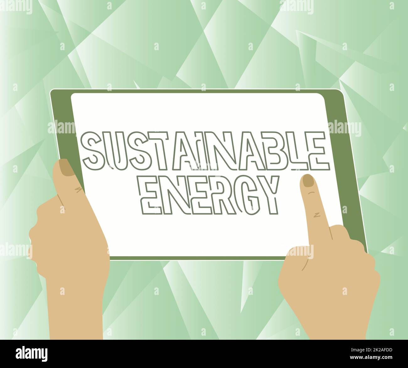 Conceptual display Sustainable Energy. Business concept practice of using energy that meets the needs of present Illustration Of A Hand Using Tablet Searching For New Amazing Ideas. Stock Photo