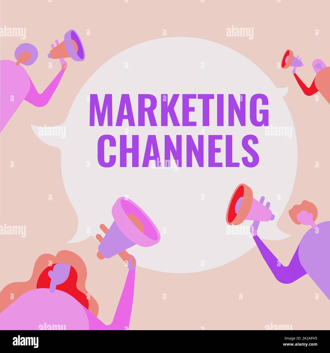 Text showing inspiration Marketing Channels. Internet Concept the necessary to transfer the ownership of goods People Drawing Holding Their Megaphones Talking With Each Other. Stock Photo