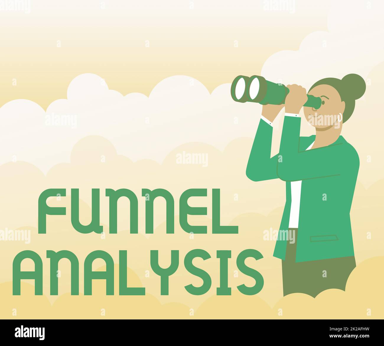 Handwriting text Funnel Analysis. Business concept mapping and analyzing a series of events towards a goal Woman Looking Through Hand Held Telescope Seeing New Opportunities. Stock Photo