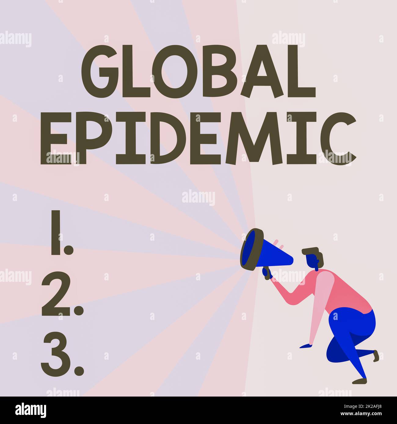 Text showing inspiration Global Epidemic. Business idea a rapid spread of a communicable disease over a wide geographic area Illustration Of A Person Kneeling Using Megaphone Making New Announcement. Stock Photo