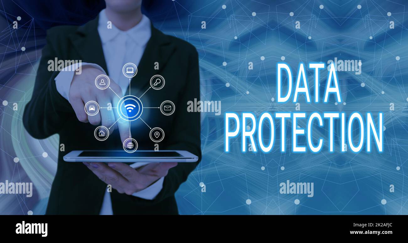 Conceptual display Data Protection. Business approach Protect IP addresses and personal data from harmful software Lady Pressing Screen Of Mobile Phone Showing The Futuristic Technology Stock Photo