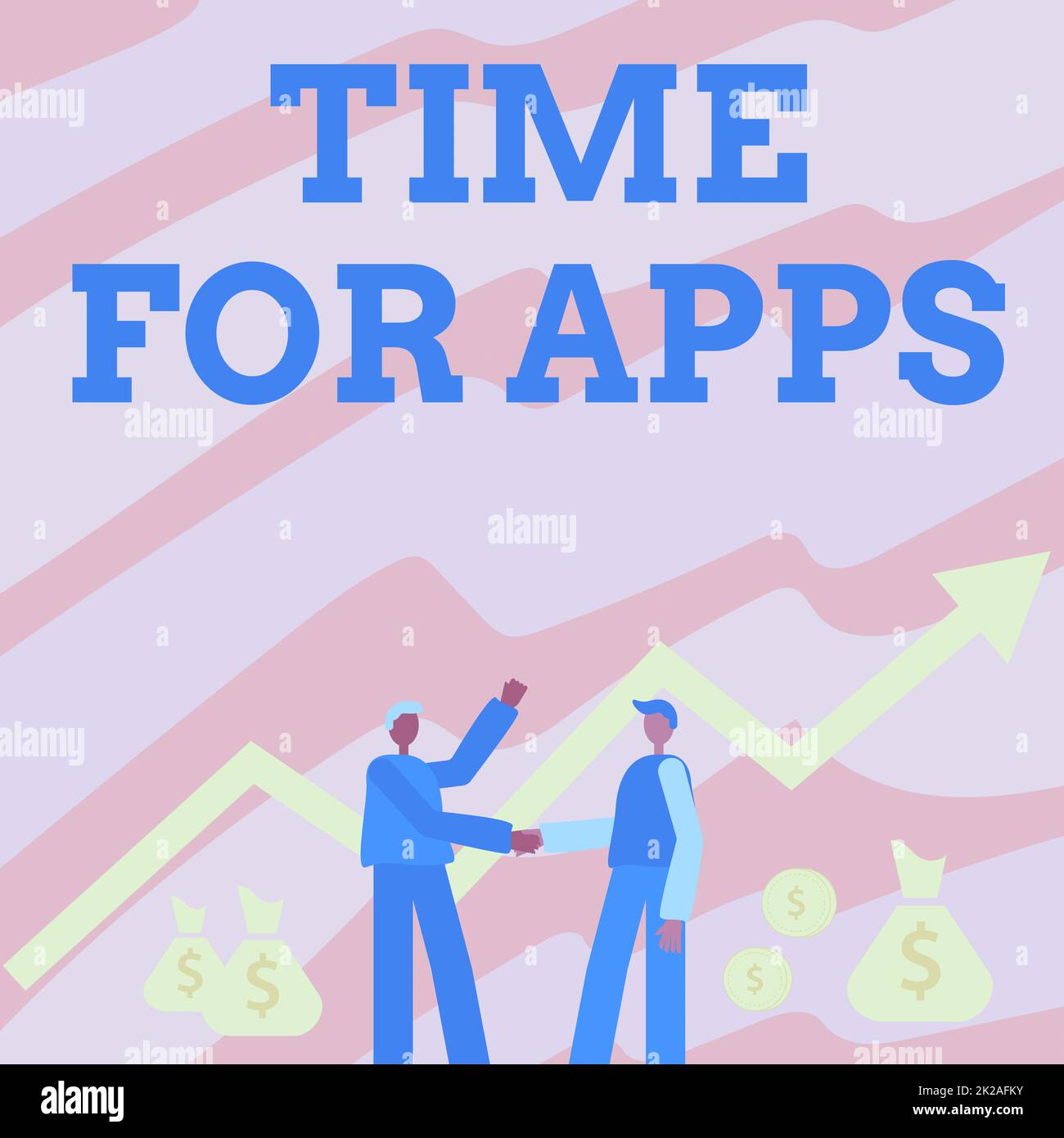 Inspiration showing sign Time For Apps. Business approach make use of application or services using the technologies Two Men Standing Shaking Hands With Financial Arrow For Growth And Money Bags. Stock Photo