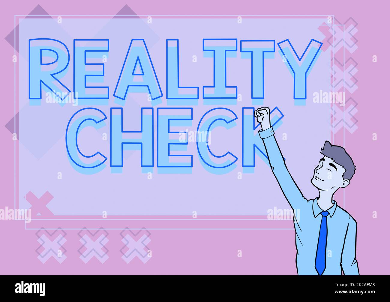 Writing displaying text Reality Check. Business concept making the person recognize the real state of the situation Happy Man Illustration Standing Infront Board Raising Hands For Sucess. Stock Photo