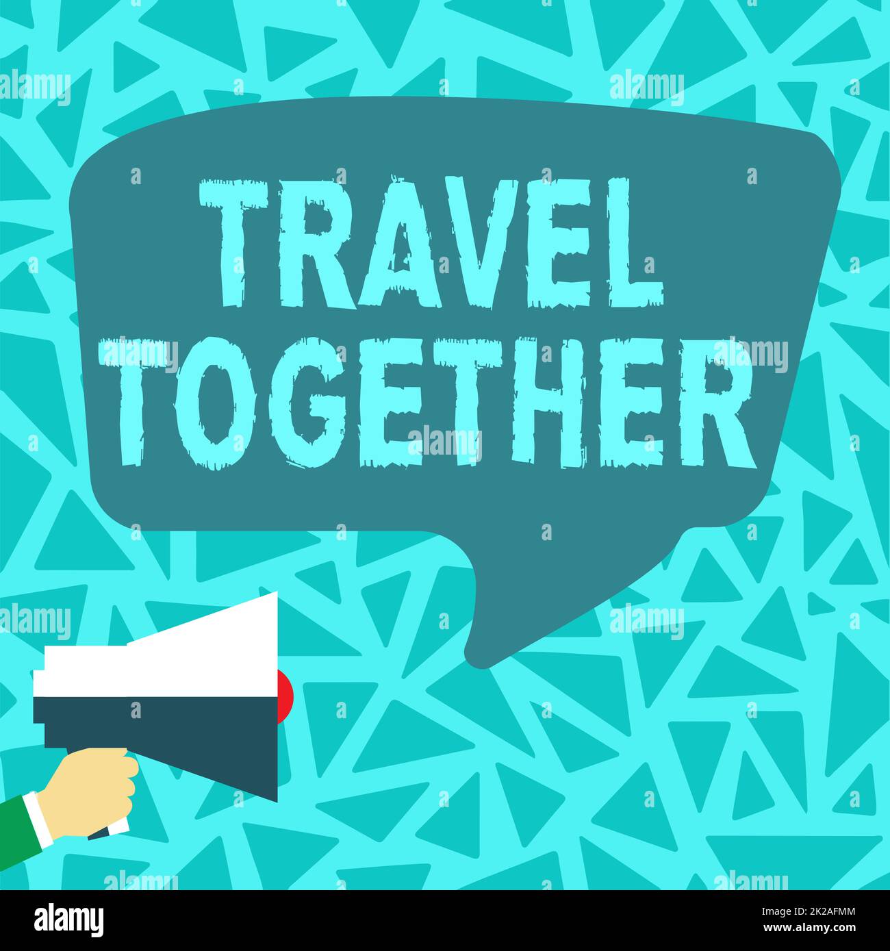 Hand writing sign Travel Together. Word Written on opportunities to learn and grow together in an adventure Loud Megaphone Making New Wonderful Announcement To The Public Stock Photo