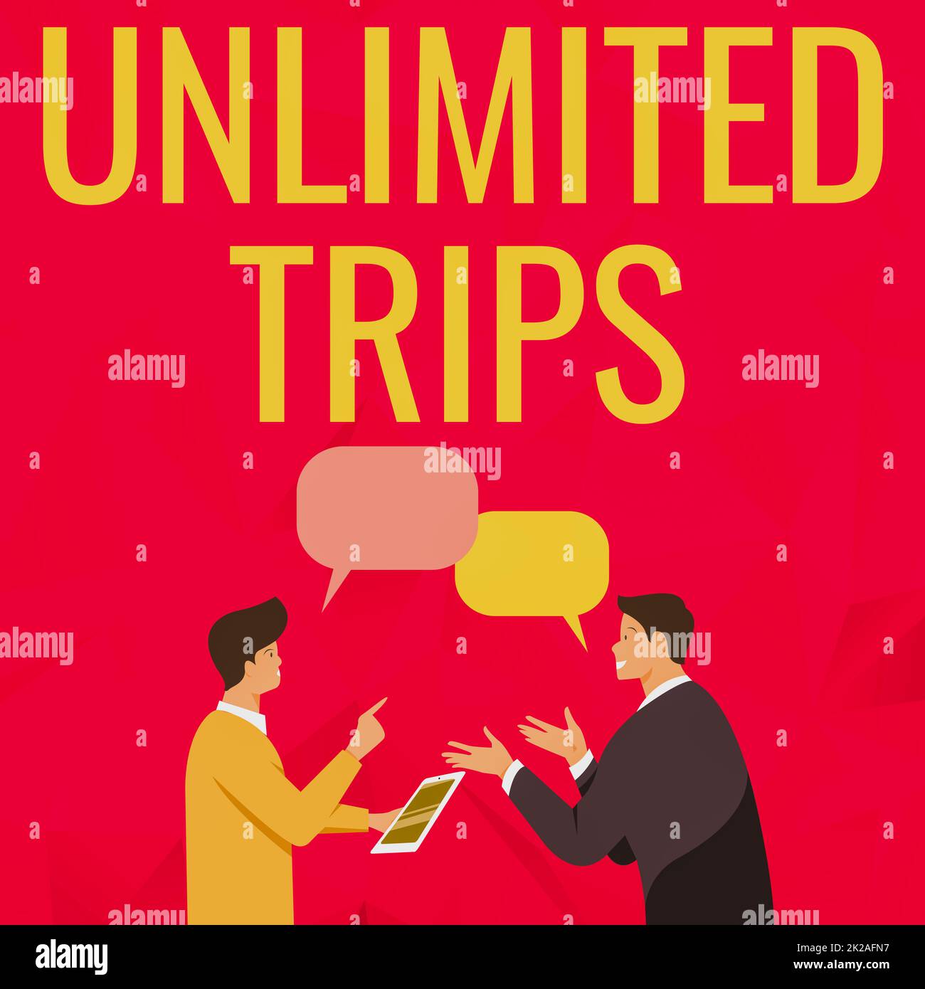 Conceptual display Unlimited Trips. Internet Concept several journey or excursion especially for pleasure Two Men Colleagues Standing Sharing Thoughts Together With Speech Bubbles Stock Photo
