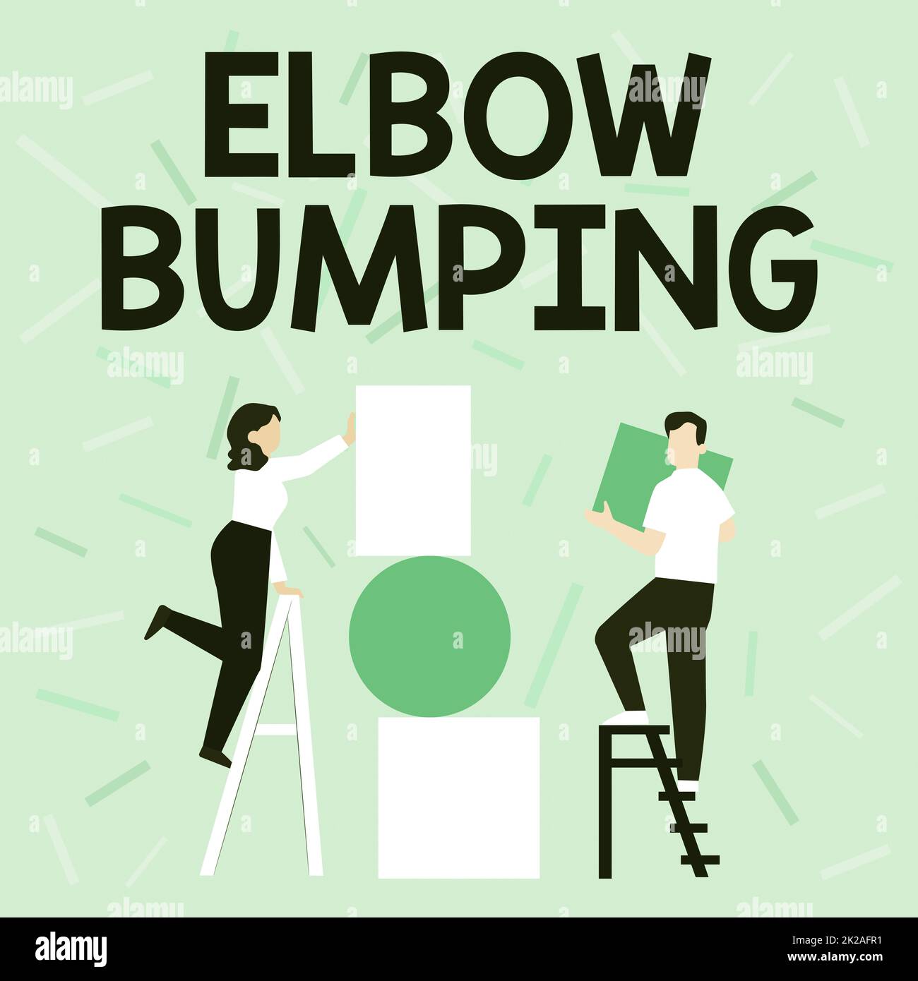 Sign displaying Elbow Bumping. Internet Concept newlytrended handshake where two individual touch elbows Couple Drawing Using Ladder Placing Big Empty Picture Frames To A Wall. Stock Photo