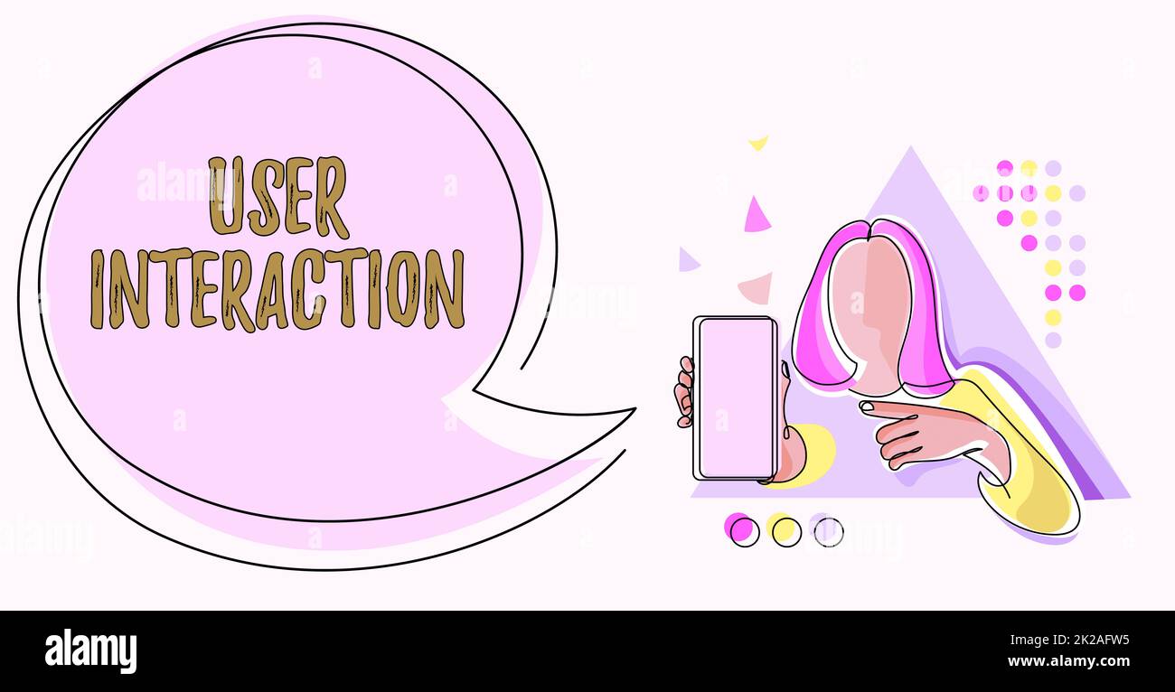 Conceptual display User Interaction. Conceptual photo how the customer acts on the system and vice versa Line Drawing For Lady Holding Phone Presenting New Ideas With Speech Bubble. Stock Photo