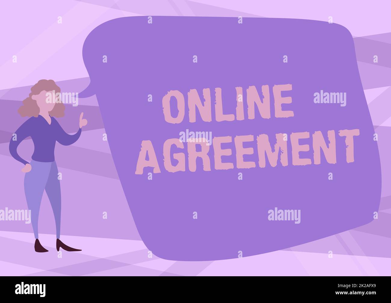Text caption presenting Online Agreement. Internet Concept contracts that are created and signed over the Internet Illustration Of Woman Speaking In Chat Cloud Discussing Ideas. Stock Photo